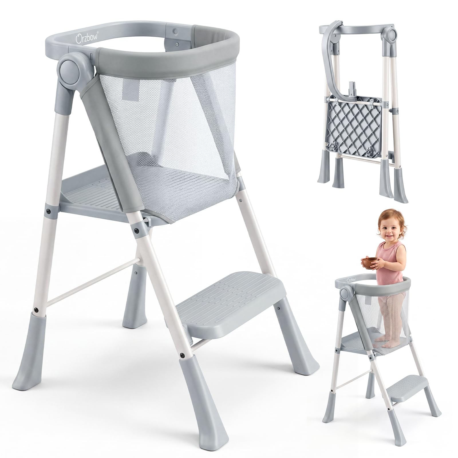 Orzbow Toddler Step Stool, Foldable Learning Tower, Grey