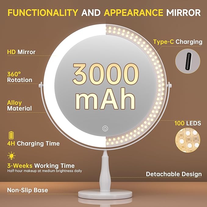 Espejo de Maquillaje Grande con Luz DEXHOM 8", 92 LEDs, 1X/10X, Blanco miniatura 5