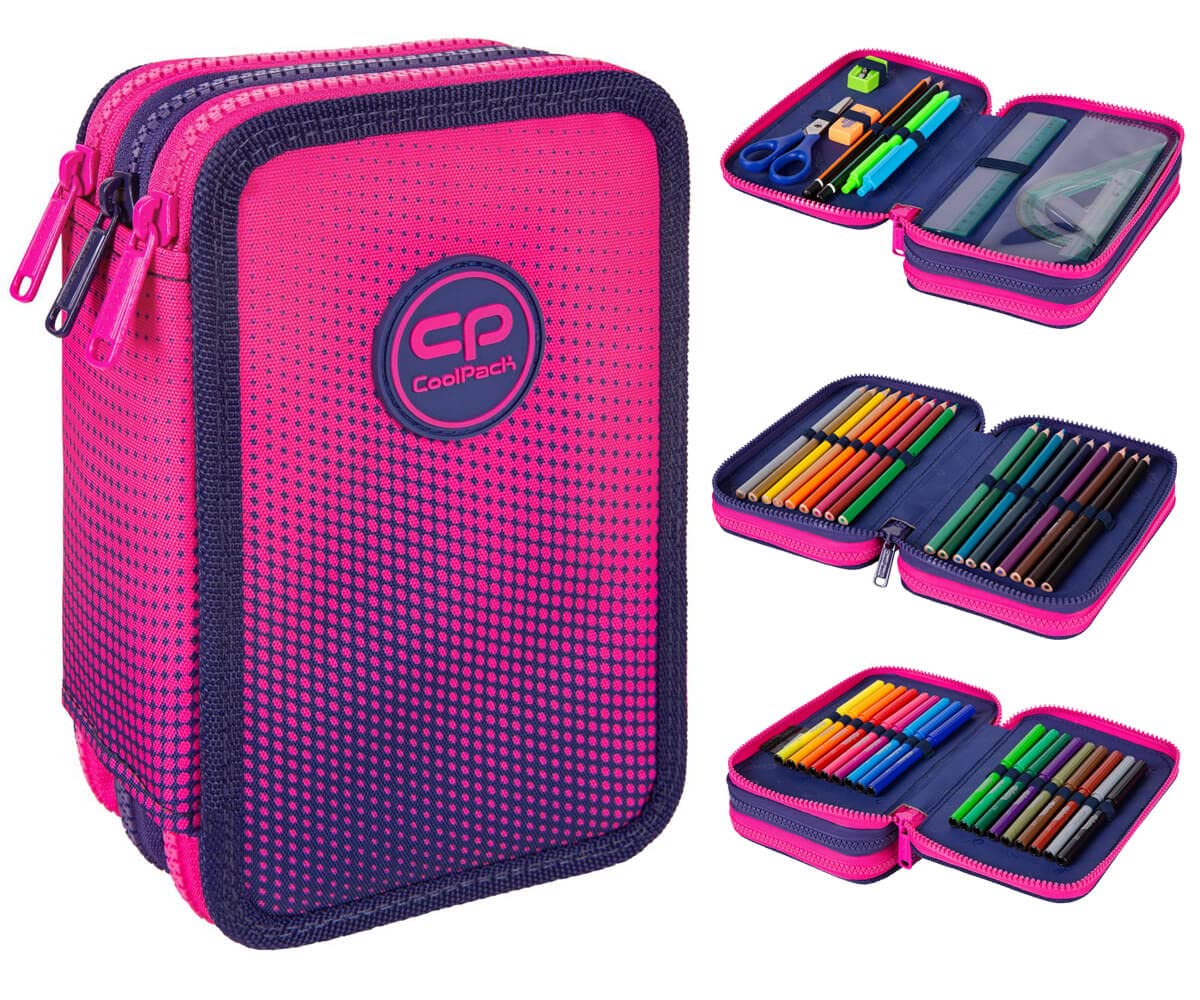 CoolPack Federmäppchen XXL Mit 3 Fächern & 44-teiligem Set – Ombre Pink-Gelb, Wasserfest, Perfekt Für Schule