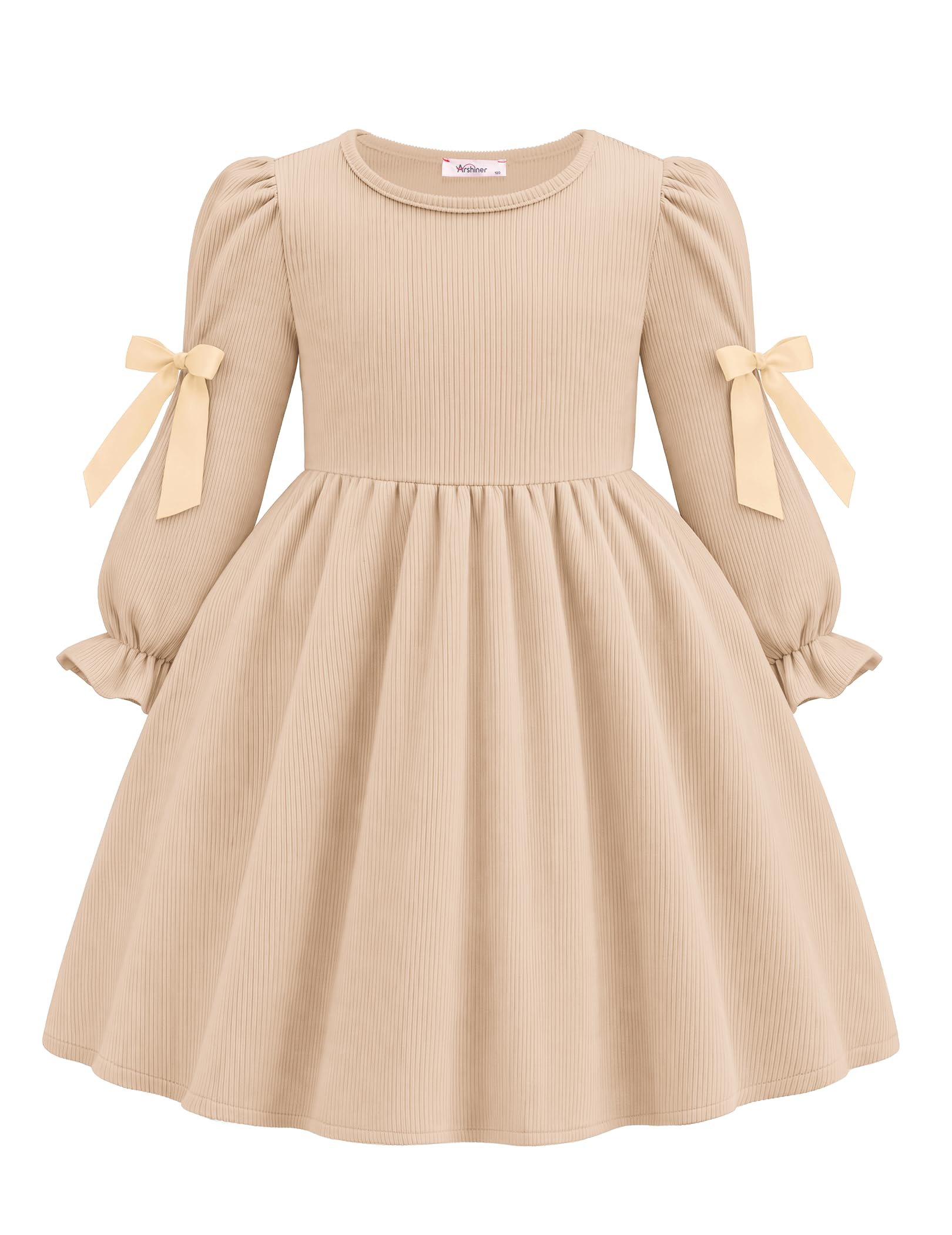 Arshiner Mädchen Kleid Laternenärmel Winter 3-8 Jahre | Fliege Rundhals Langarmkleid, Mit Tasche, A-Linie Einfarbig Kinderkleid, Elegant Freizeitkleid, Festliche Winterkleid