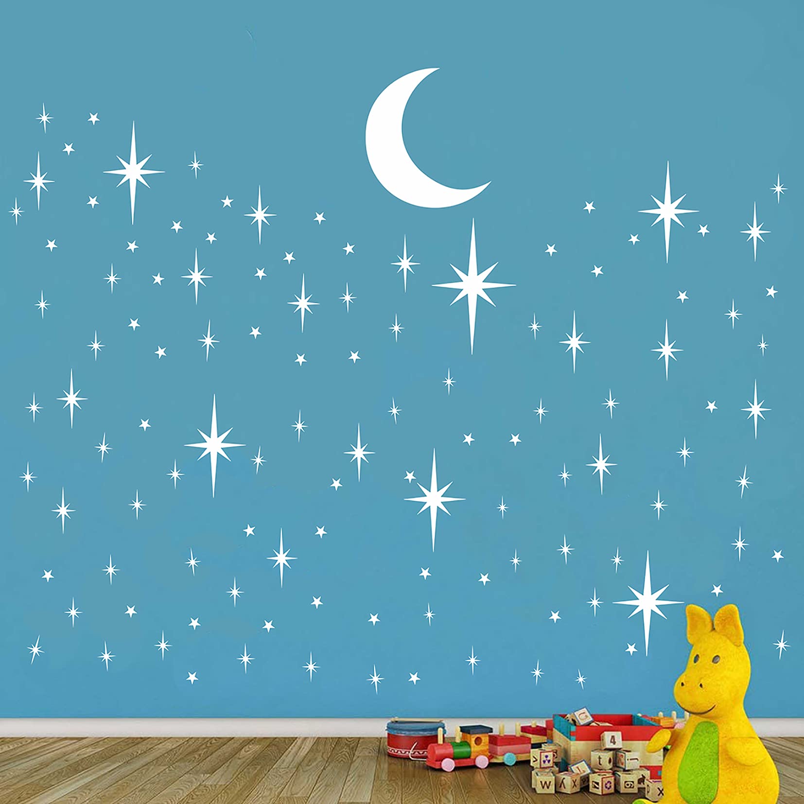 Calcomanía de pared con estrellas y luna para pared, vinilo blanco en estrellas, pegatinas de pared removibles para niños y niñas dormitorio