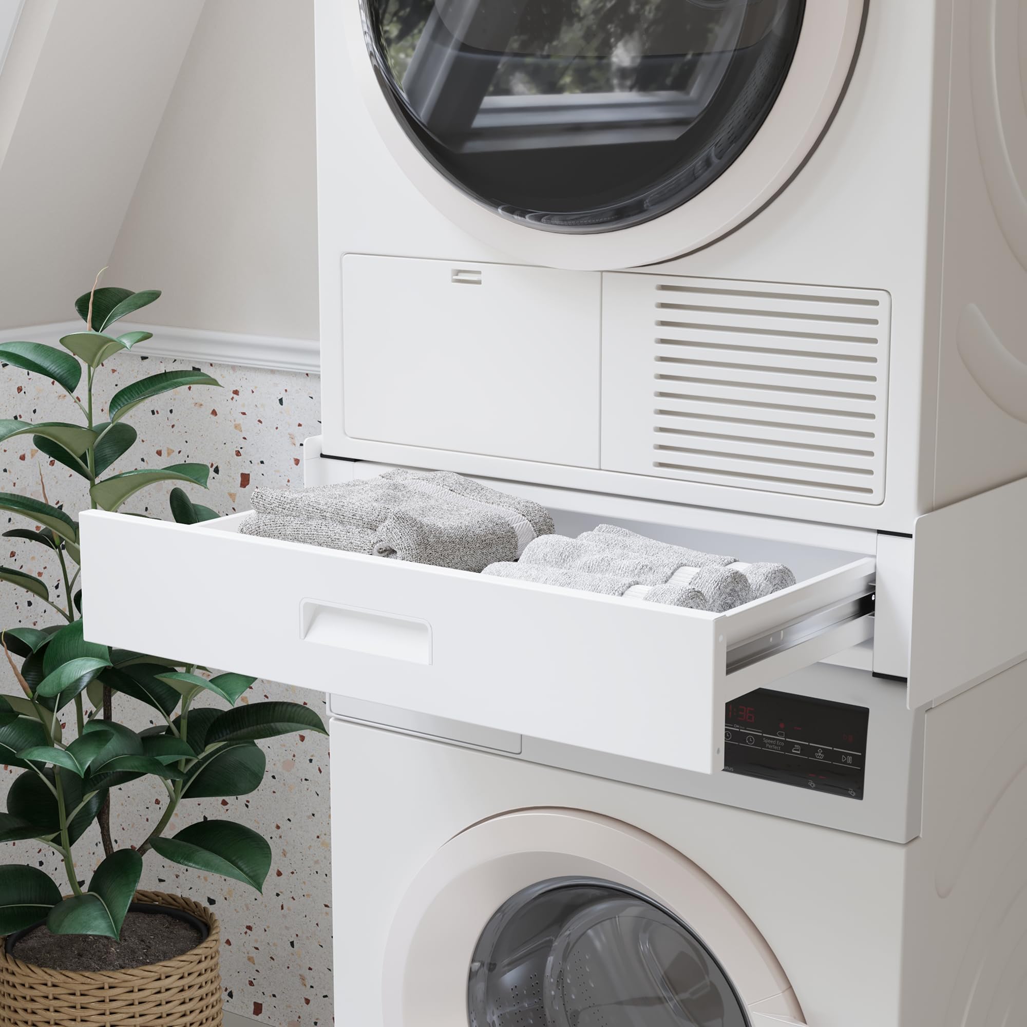 [en.casa] Kit de Superposición Buxton para Lavadora y Secadora Set de Unión para Electrodomésticos Soporte Universal con Cajón Extraíble y Correa de Seguridad - Blanco | Marco intermedio, secadora, lavadora, torre de lavado, uso universal para máx. 100 kg