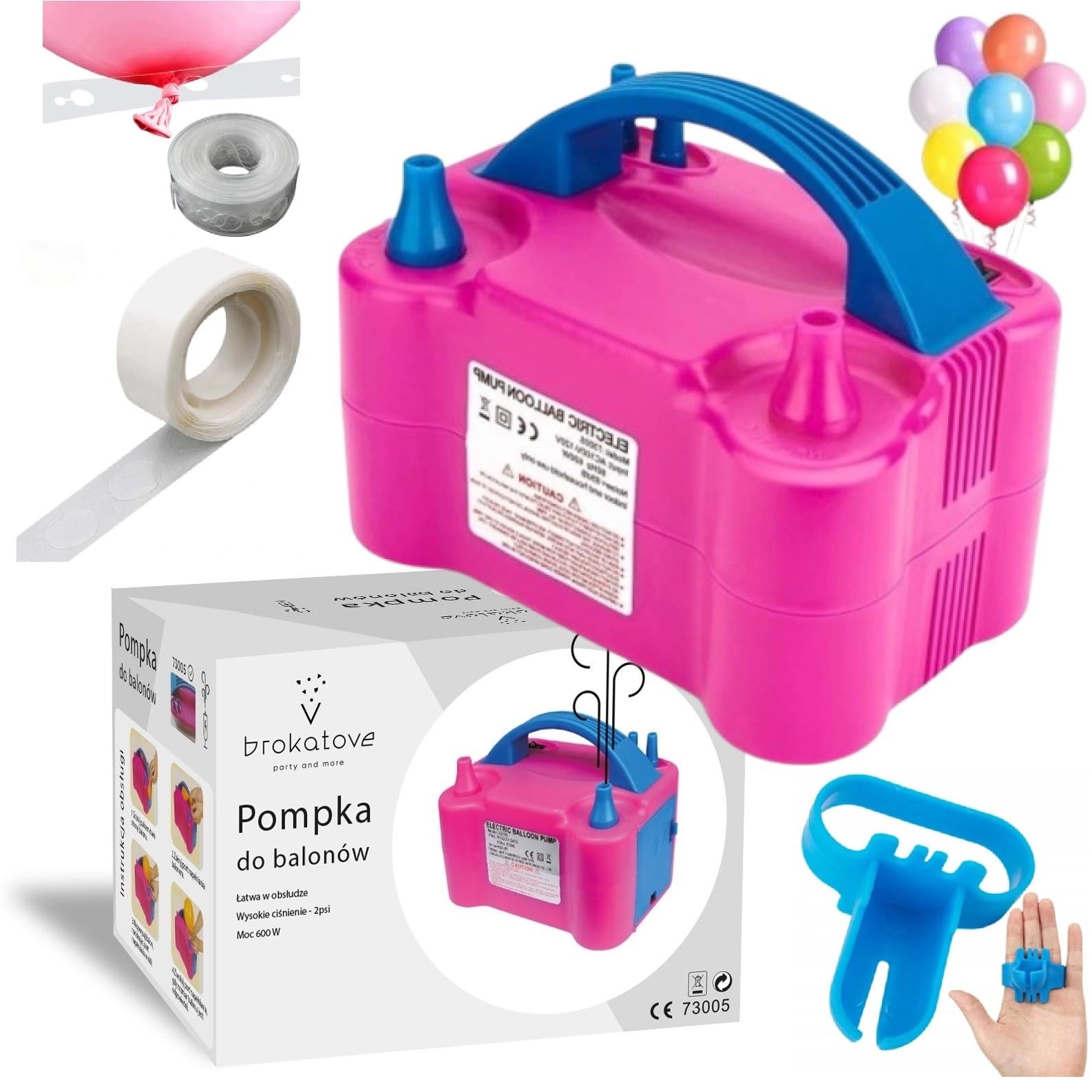 Pompka elektryczna do balonów 600 W Różowa | 600W mocny silnik, balony lateksowe, podwójne dysze, szybkie pompowanie