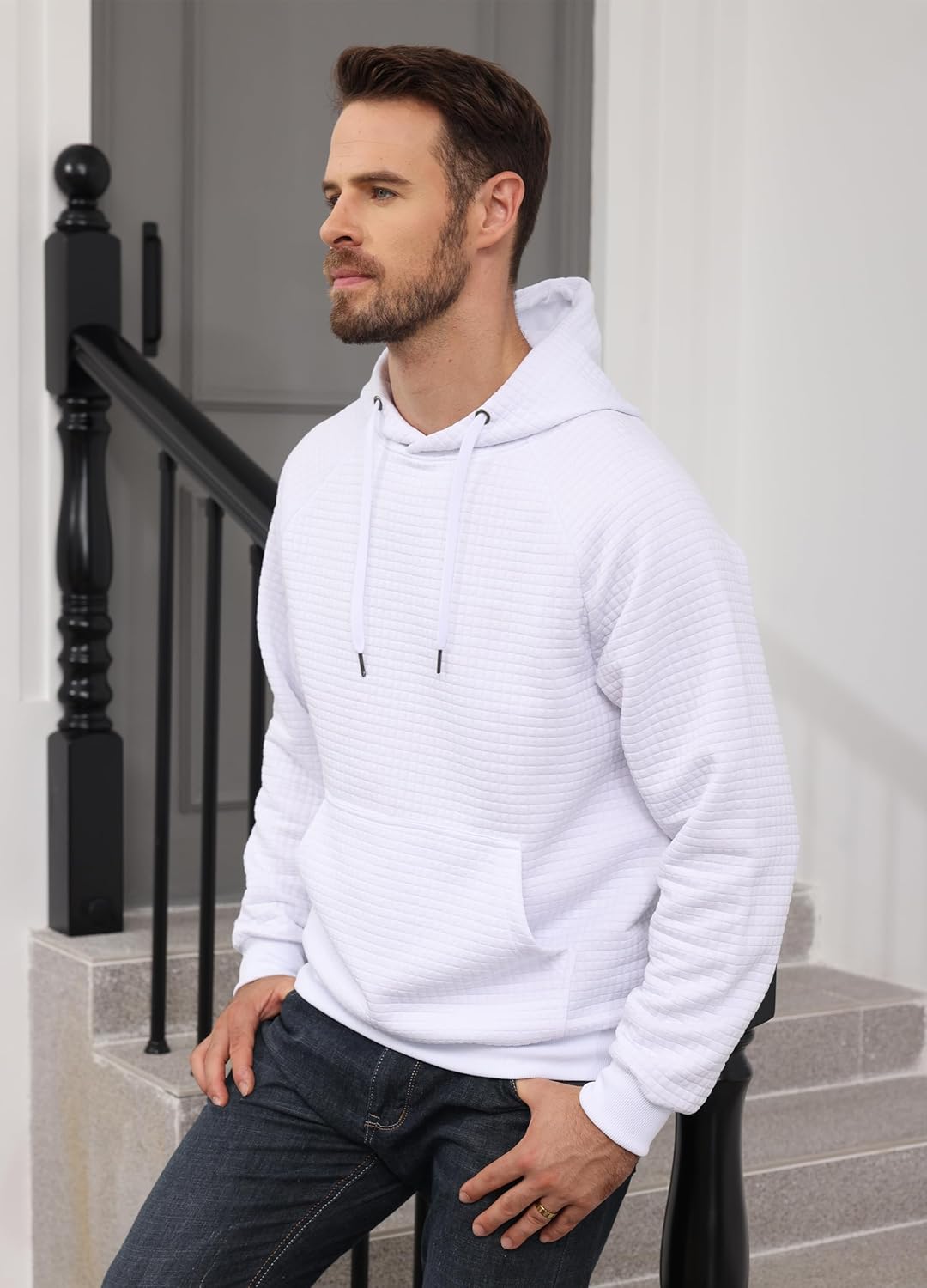 ZTN Mens Hooded Sweatshirt Long Sleeve Quilted Sweatshirt Casual Fashion Pullover Hoodies Warm Lightweight with Pockets - Image 2