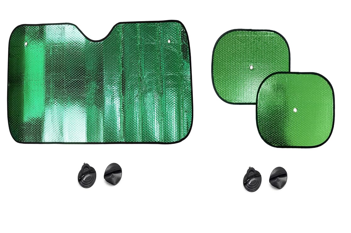 Parasol Coche Delantero y Laterales Plegable Protector Solar de Luna, Universal con 2 Ventosas 2 Correas 130x60cm. (Verde)