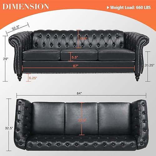 Miniatura 2 de Sofá de cuero de 85 pulgadas de ancho, sofá Chesterfiled con brazos enrollados, sofá de 3 plazas con botones para sala de estar, dormitorio, sala de