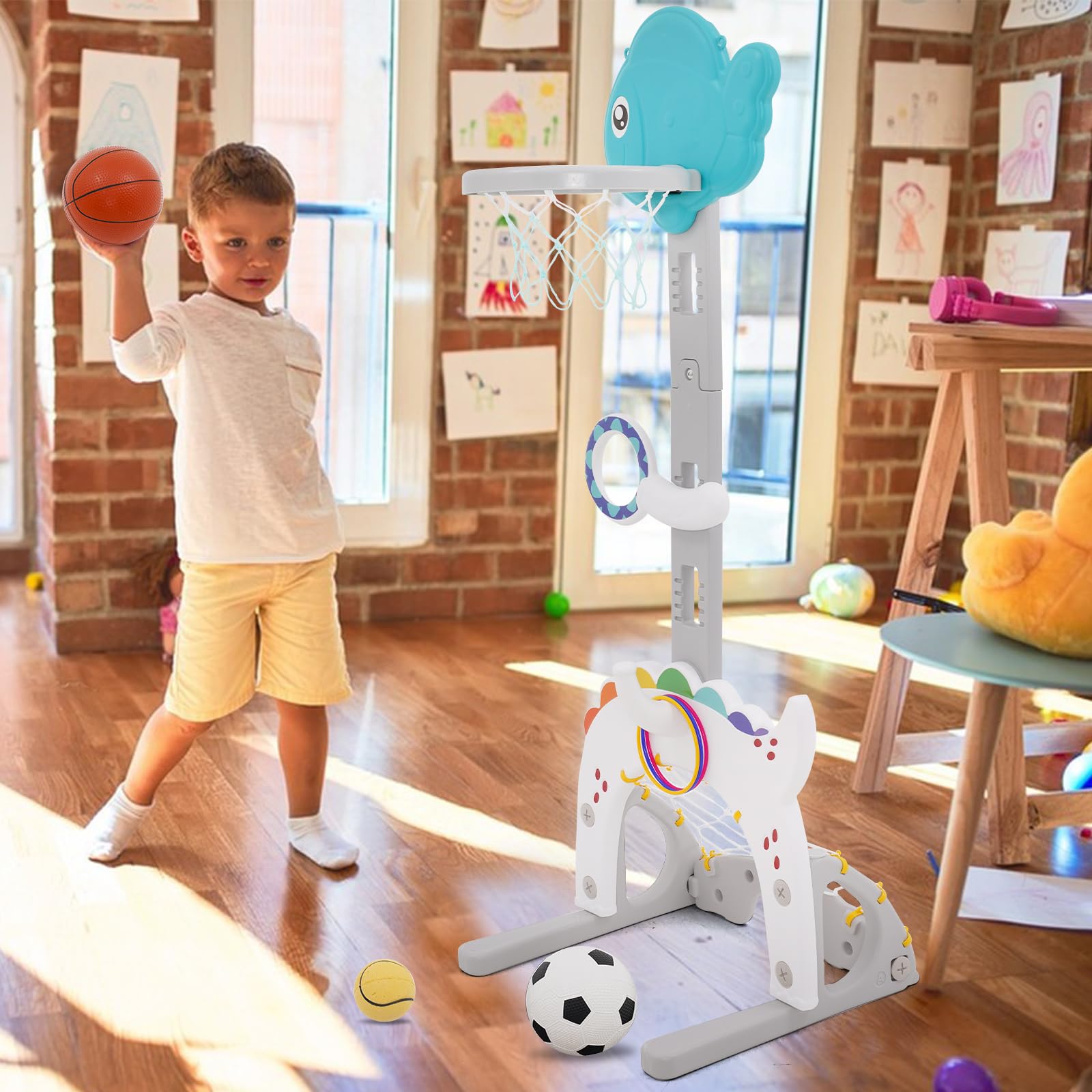 5IN1 Panier de Basket Enfant,Hauteur Réglable de 95 à 135 cm, Panier de Basket intérieur/extérieur pour garçons et Filles de 3 à 12 Ans, Jouet de Sport Stable pour Jardin et Chambre d'enfant