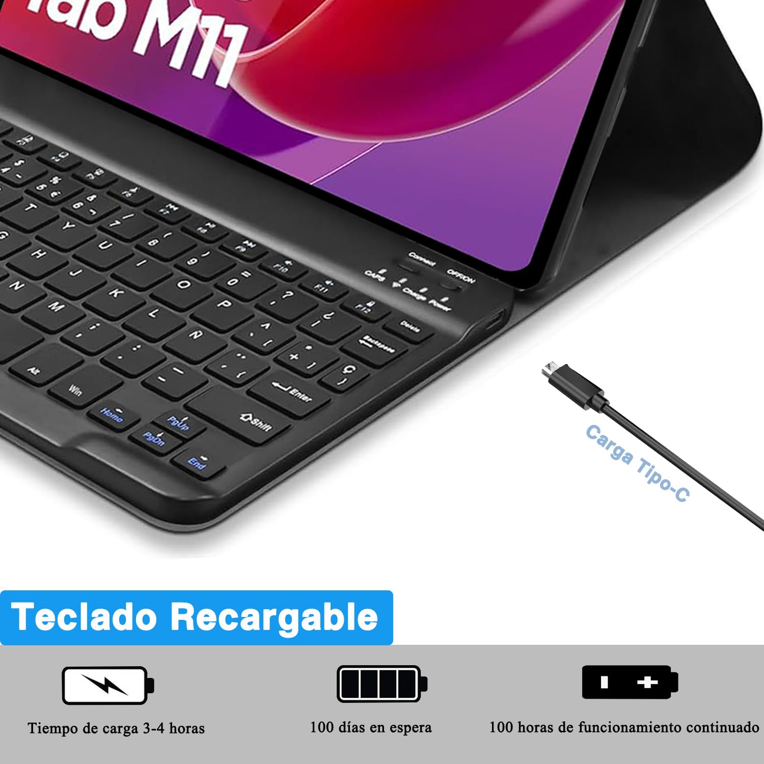 Funda Teclado para Lenovo Tab M11 2024 11 Pulgadas, Español Ñ Bluetooth Magnético, Smart Funda con Teclado QWERTY para Lenovo Tab M11 Tablet 11" (TB330FU/TB330XU) 2024, Negro