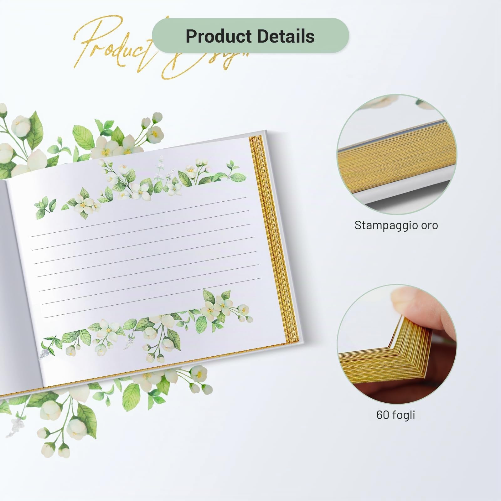 Guest Book, Wedding Guestbook, con Lamina d'oro e Bordi Dorati e Nastro d'oro, Copertina Rigida (9,1x7,1 Pollici)