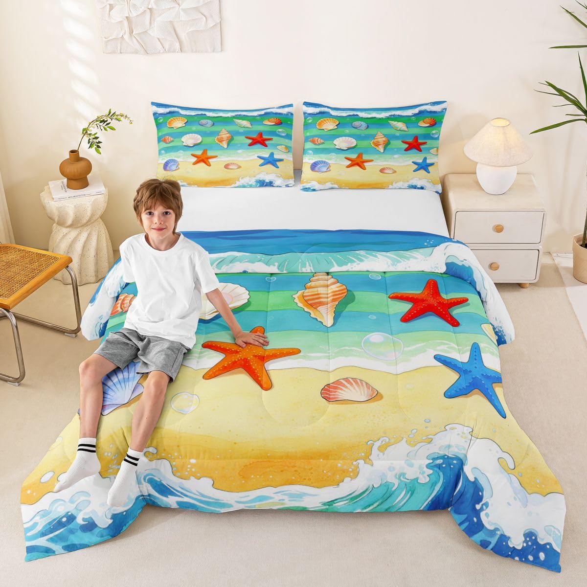 Homemissing Letnie wakacje wakacje hawajska pościel plażowa w rozmiarze king size dla chłopców dziewcząt dzieci życie morskie kołdra kołdra dekoracja pokoju oddychająca miękka mikrofibra cały sezon