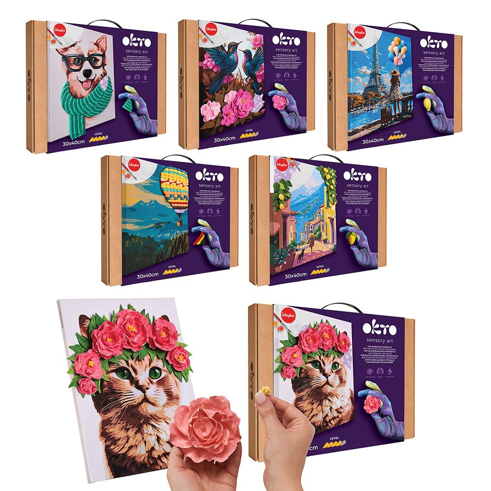Okto & Ideyka 30010 - Juego de modelado 3D y pintura por números - Elegante gatito - Kit para creatividad y decoración - Arte sensorial - Pintura acrílica y arcilla seca al aire - Tamaño del marco 30