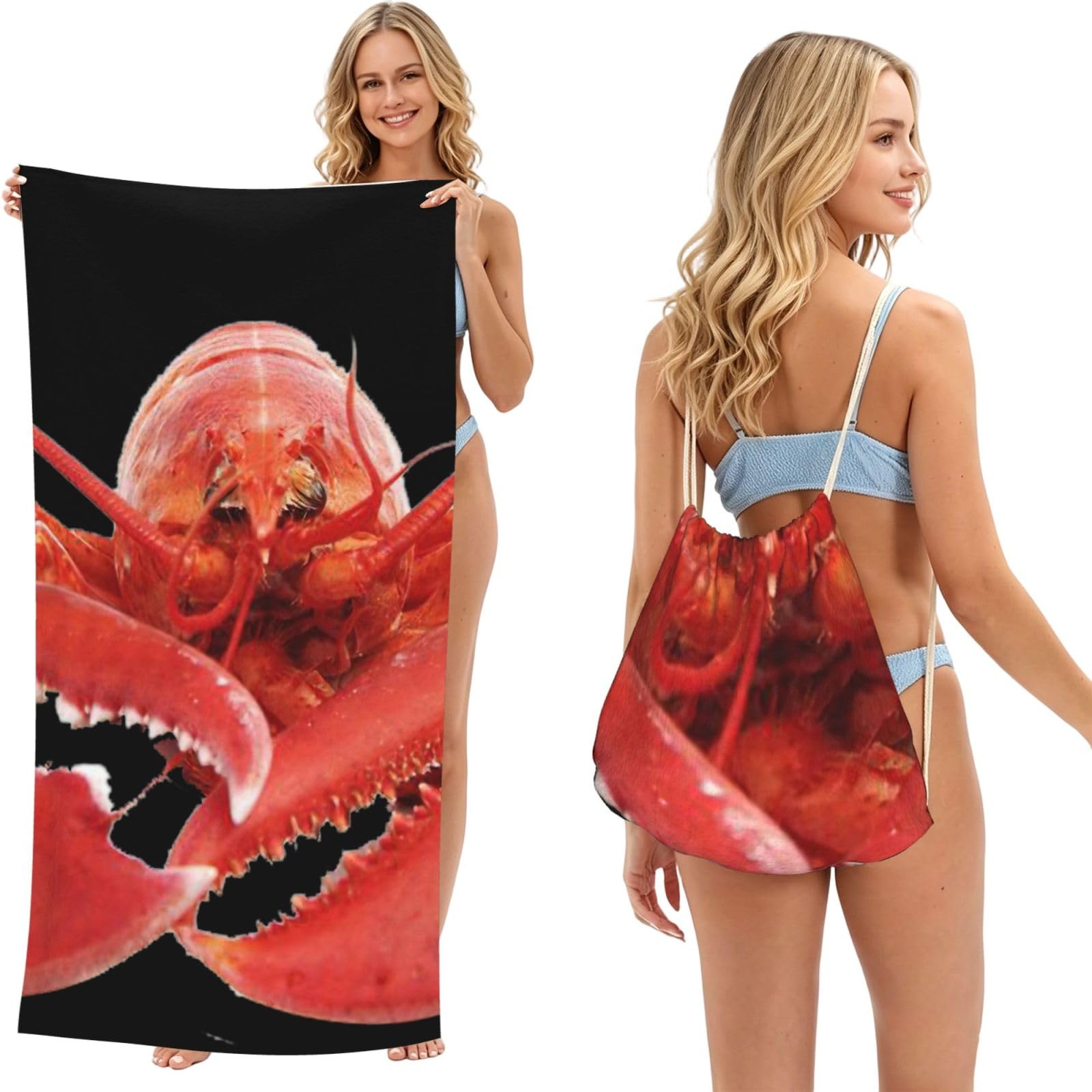LMNvbz Lobster Print 2 In 1 Packable Beach Towel Bag, Quick Dry Backpack Microfiber Mat For Camping, Travel, Vacation, Cruise, And Picnic