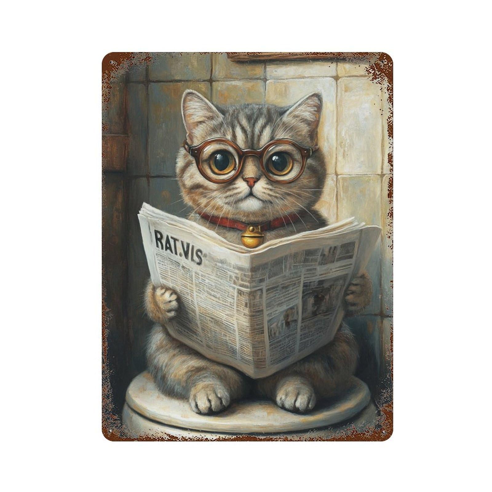 Curious Cat Reading Newspaper-2 15.7"x11.8" Decorative Tin Sign, Classic Wall Plaque for Cafe, Home Bar And Lounge Decor