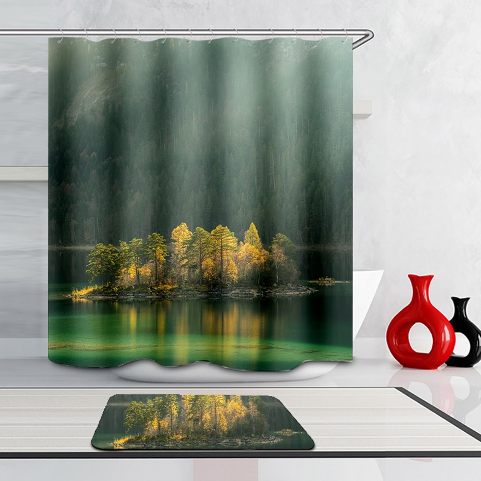 Cortina de ducha textil, 150 x 200 cm, verde, diseño de árbol, cortinas de baño, poliéster, lavable, tela textil, cortina de baño, 1,5 x 2 m de largo (ancho x alto), incluye anillas para