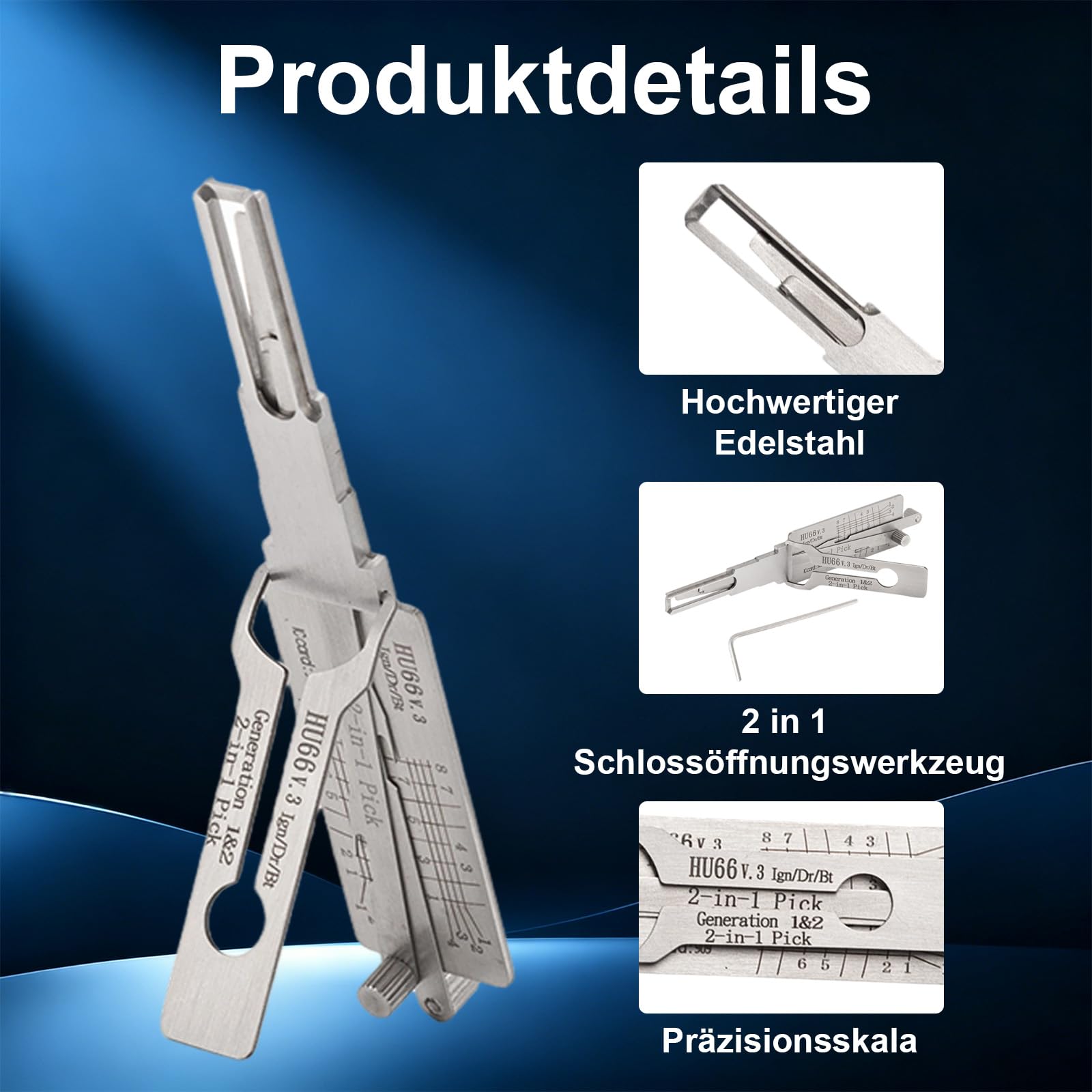 HU66 2-in-1 Lock Pick – Lishi Decoder aus Edelstahl für Auto-Schließzylinder, Lockpicking Set mit Drehwerkzeug, 11,3×2,2 cm, für Schlüsseldienst & Notöffnung