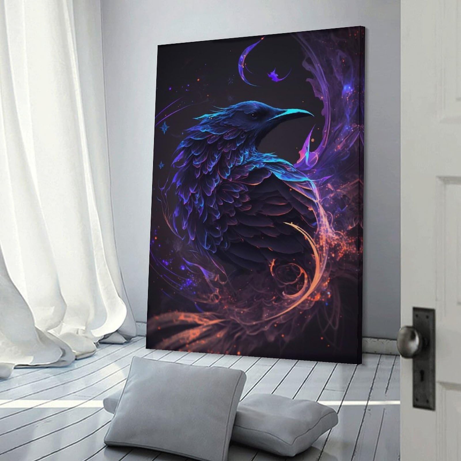 Junmoney Frame-Style-9 Galaxy Raven Crow Bird Hanging Wall Art 24X36inch(60X90cm), For Front Hall, Corridor Or Welcome Spaces, Wall Decor To Refresh Empty Corners