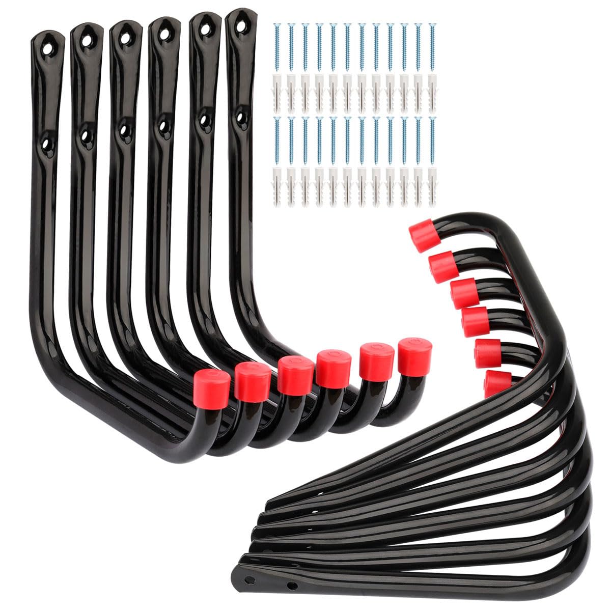 Moundnaik Garage Storage Ladder Hook, 12 Pcs Heavy Duty Utility Hooks, 17cm Garden Tool Organization Hanger (Black + Red, 17cm x 17cm)