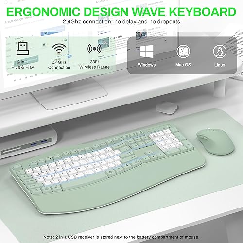 Vista 6 de Wireless Keyboard and Mouse Combo,2.4G Full Size Wave Keys Ergonomic Keyboard with Wrist Rest for Natural Typing, 3 DPI Adjustable Ergonomic Mouse