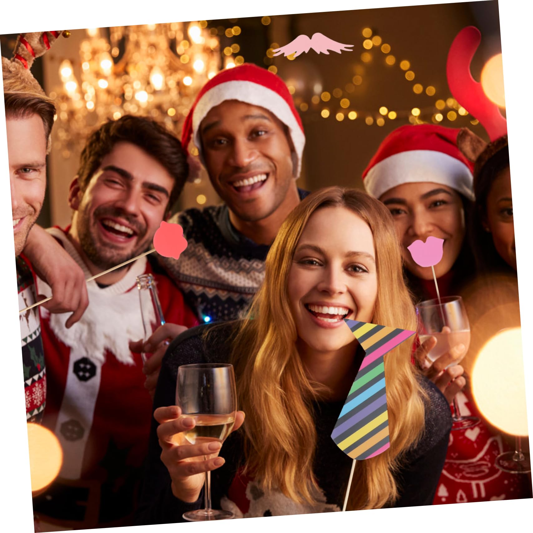 60 Lustige Foto Requisiten mit Schnurrbartmasken, Party | Hochzeiten und Weihnachten, Karton mit Bambusstäben, Gemischte Ausführung, Inklusive Klebepunkte Zufälliger Stil