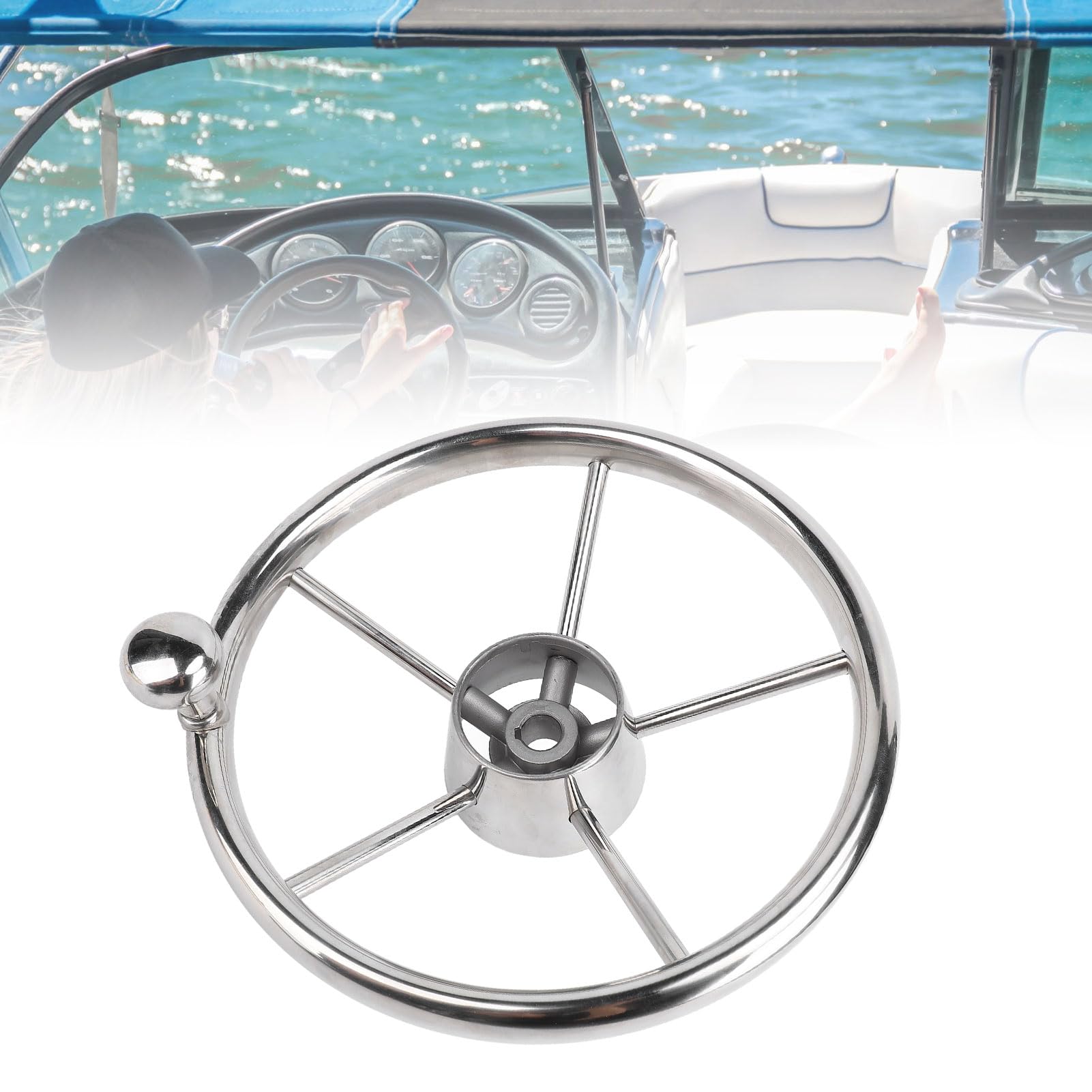 Volante para Barco, Volante Marino de Acero Inoxidable de 5 Radios de 11 Pulgadas con Perilla Giratoria, Volante Destructor para la Mayoría de Barcos Marinos, Yates, Pontones