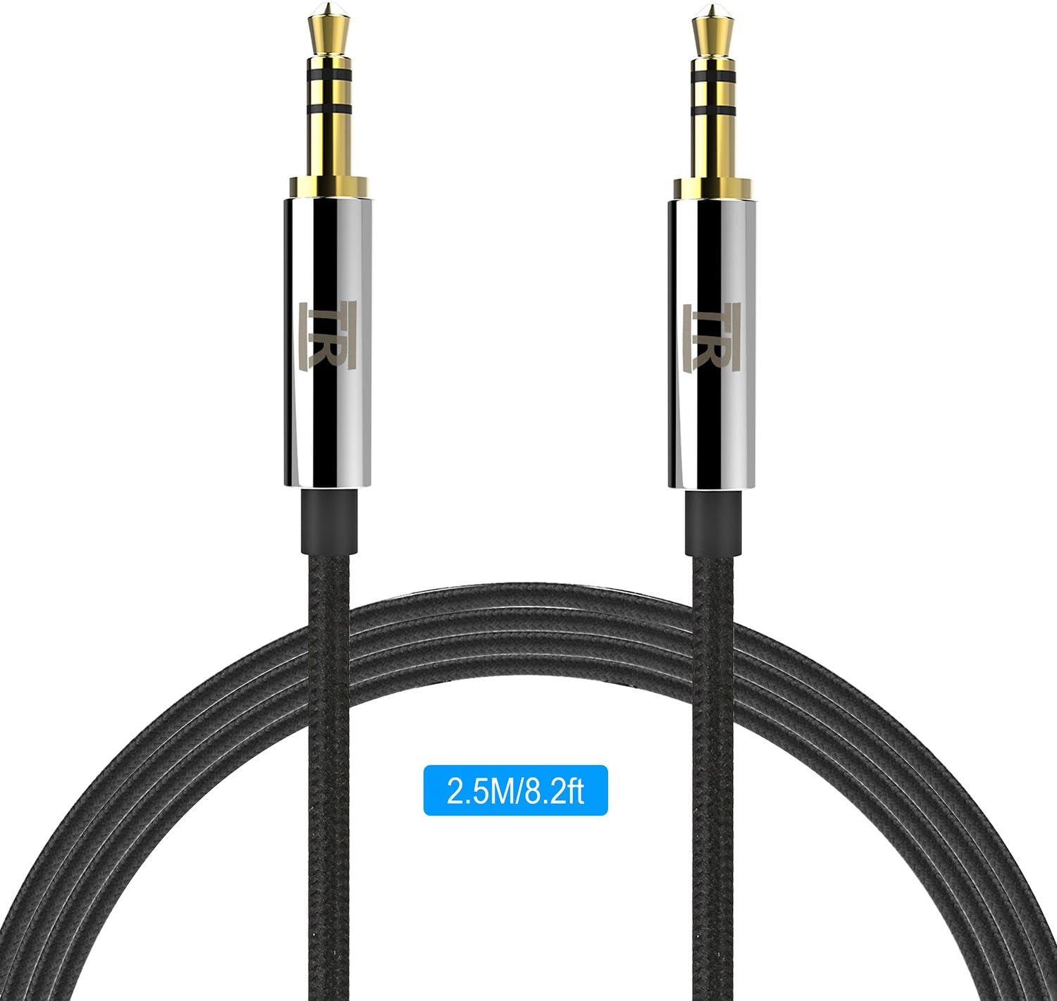 Audio Cable, TechRise 2.5 Meters Nylon Braided Premium Auxiliary Aux Audio Cable Cord for Headphones, iPods, iPhones, iPads, Home/Car Stereos and More - Black