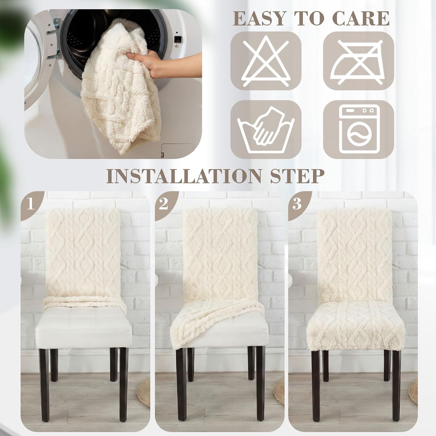 Moukeren 6 Pcs Decorative Stretch Jacquard Dining Chair Cover Dustproof Boho Faux Fur Chair Cover Removable Washable Slipcover Protector for Bedroom, Living Room, Kitchen, Hotel, Banquet (Light Beige)