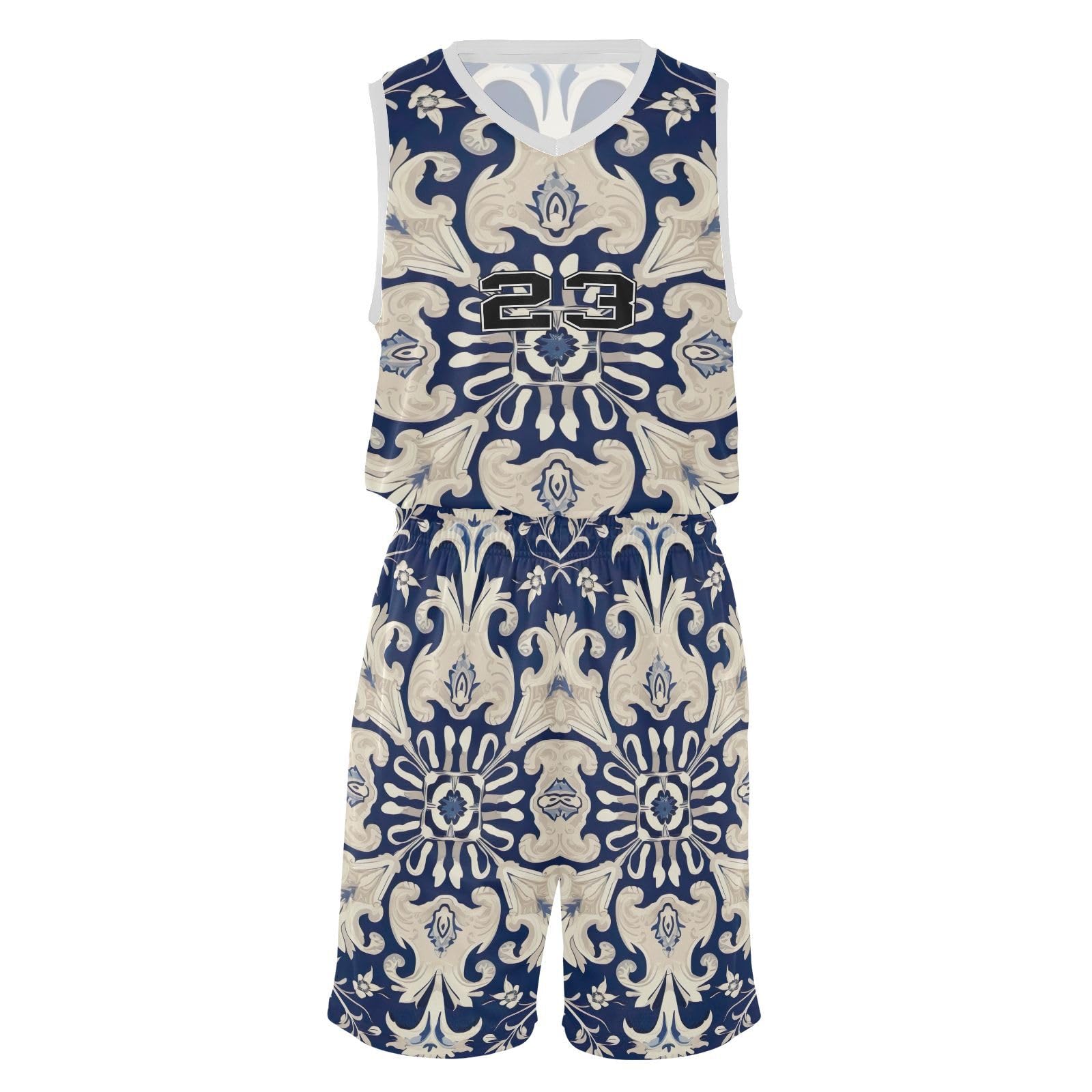 FLildon Blue Damask Baroque Floral Boys Basketball Jersey Set Tank Top Shorts Tracksuit Sport Training Suit for Kids, XXL