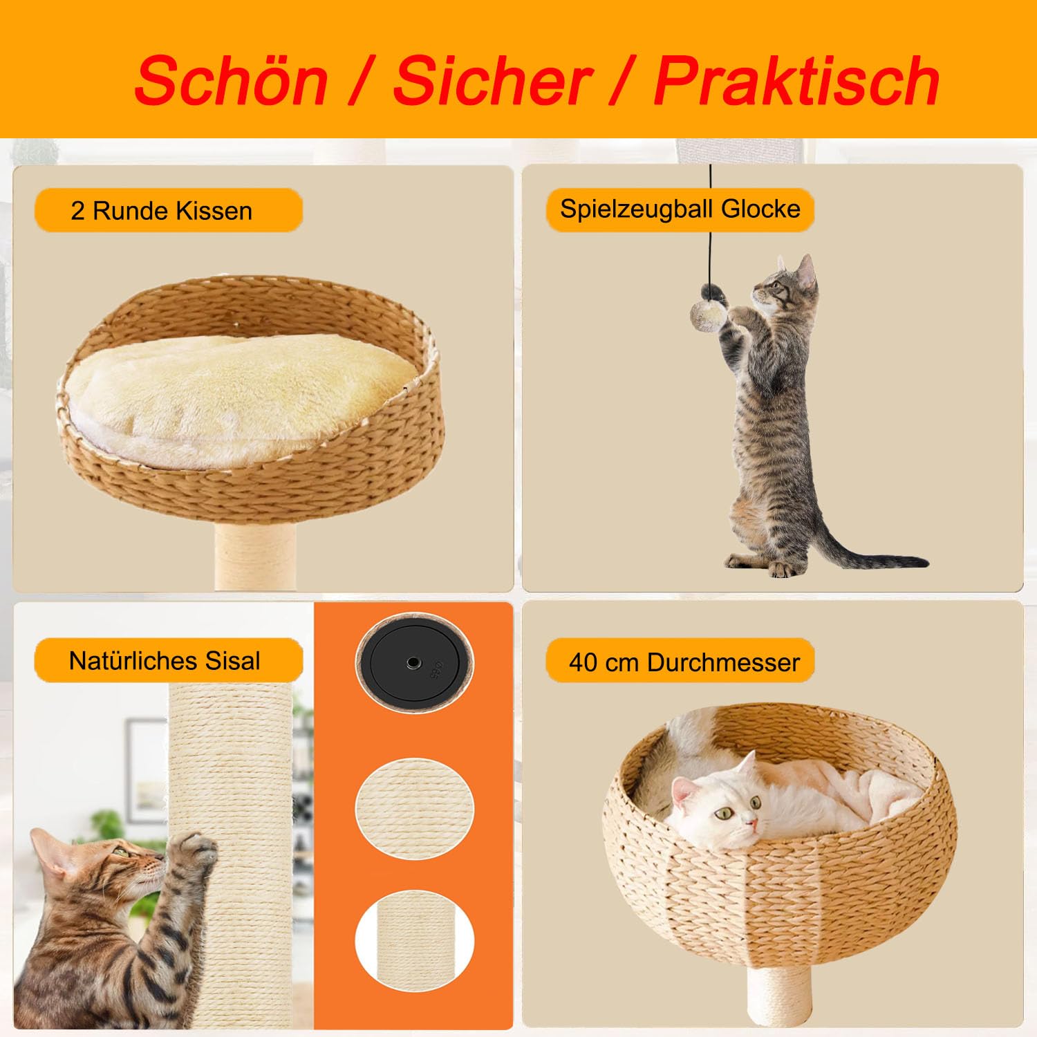 Drapak z motywem liści banana z naturalnym sizalem – 55 cm wieża dla kota z kolumną sizalową o grubości 8 cm, w zestawie z miękką wełnianą poduszką – odporna na owady i pleśń, wytrzymała i łatwa w
