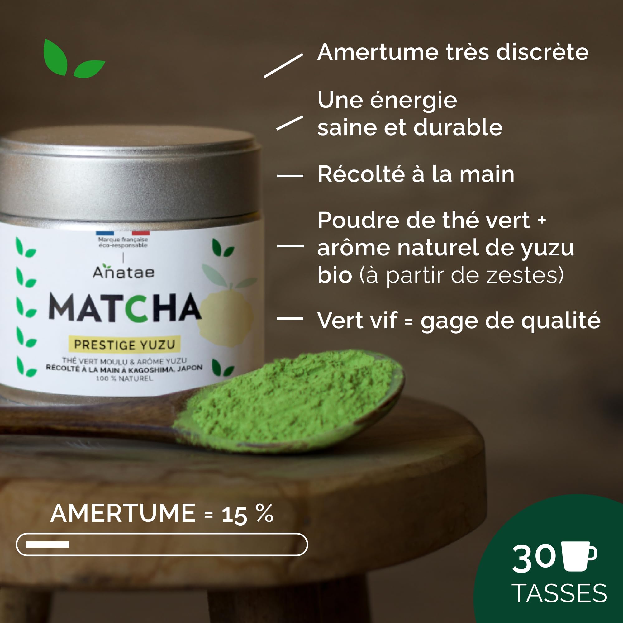 Anatae Marque française - Thé Matcha prestige yuzu bio - Amertume discrète - Poudre de thé vert matcha 100% BIO qualité premium - Récolté à la main à Nishio, Japon (30g)