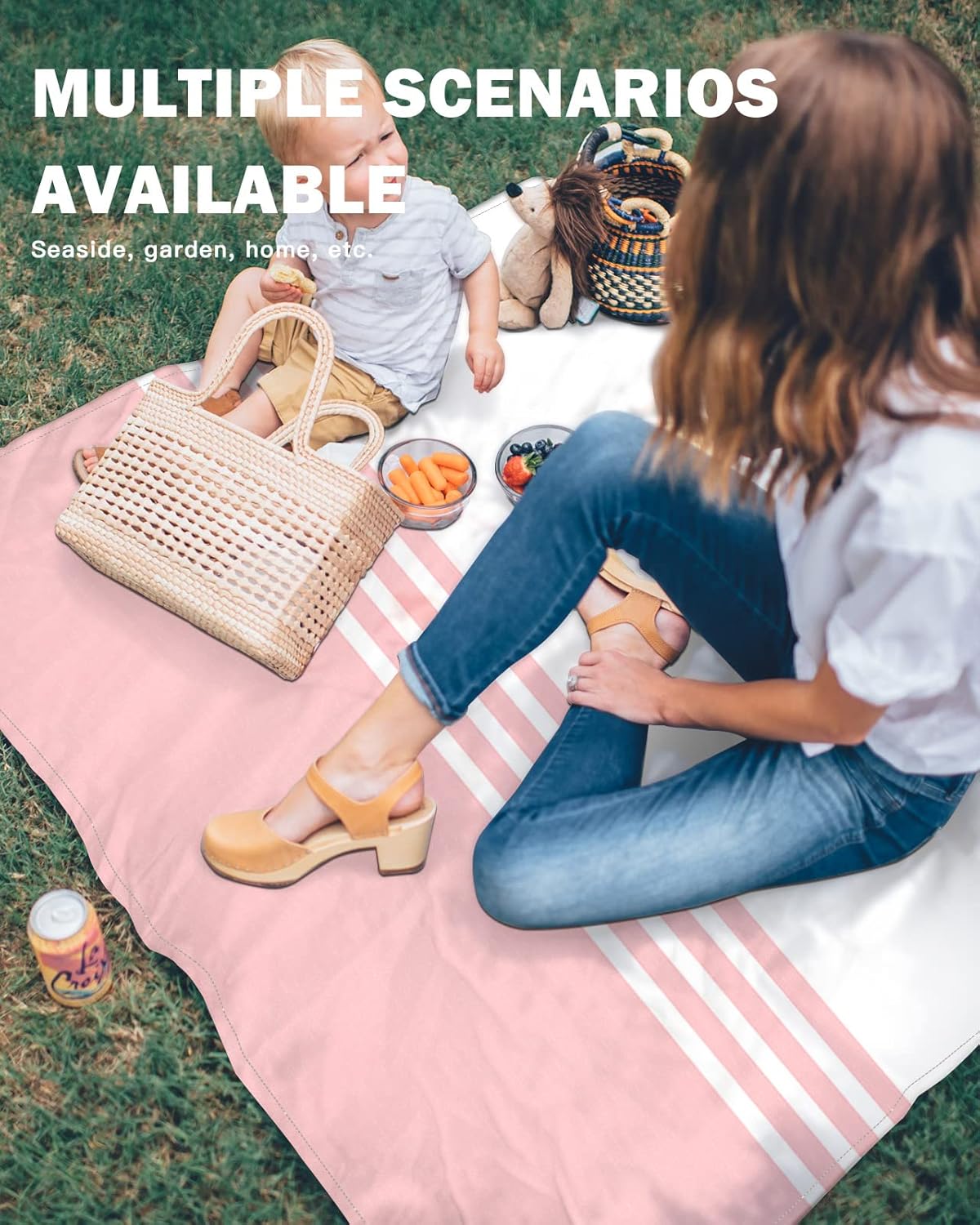 Pastoral Farmhouse Pink Color Stripe Beach Blanket Waterproof Sandproof Outdoor Picnic Mat 108"x84" Classic Art Lightweight Large Beaach Blankets with 4 Stake & 4 Corner Pockets