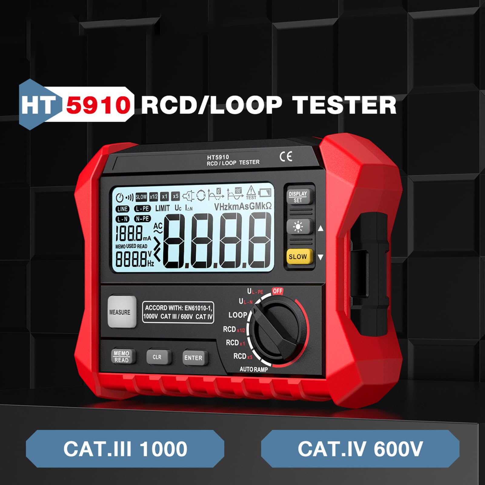Probador de Impedancia de Bucle HT5910, Interruptor de Fuga, Probador RCD con LCD Retroiluminado, Almacenamiento de Datos 1000 para Instalación Eléctrica (paquete estándar)