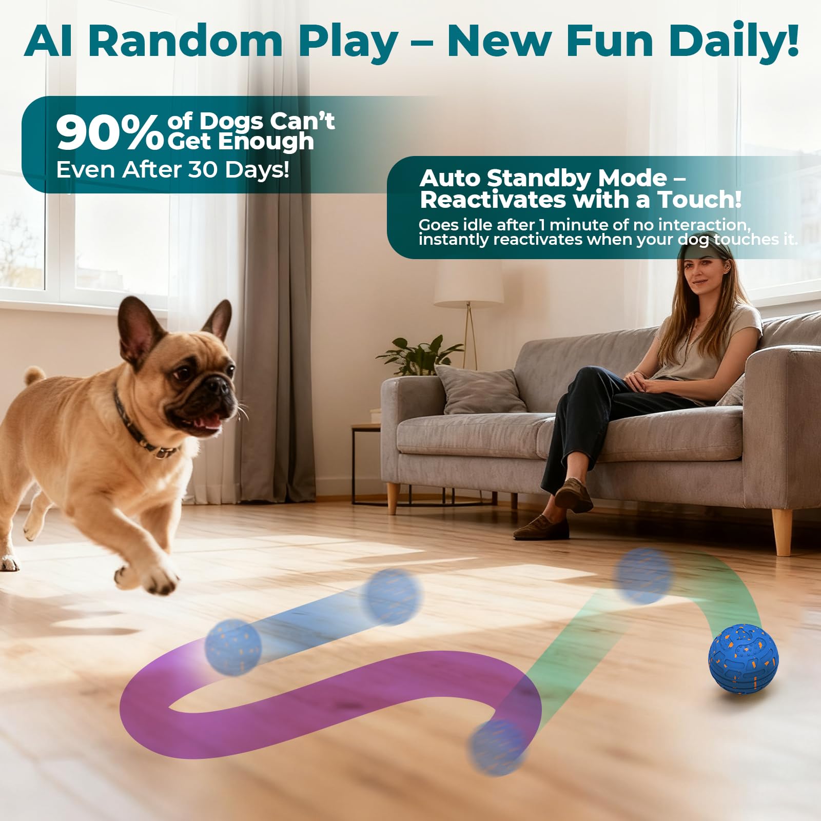 Smart Interactive Dog Toy Ball – Automatic Moving, Bouncing & Rolling, 3 Modes, Chew-Proof E-TPU Shell, Waterproof, Rechargeable,Dog Ball for Medium and Large Dogs, Blue — view 5