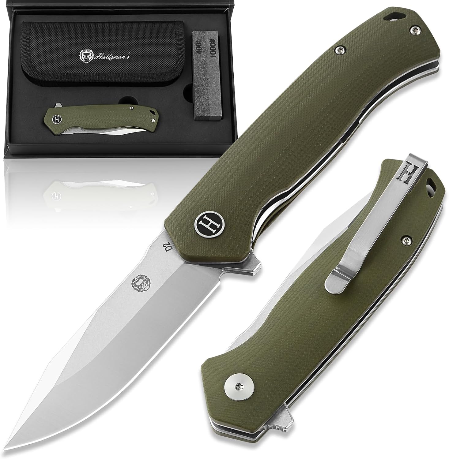 Holtzman's Gorilla Survival Folding Pocket Knife with D2 Steel Blade (Half Stonewashed, Half Silver) and Green G10 Handle (LM042) - EDC Gift Set for Men and Women
