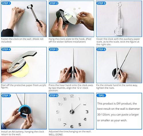 Miniatura 6 de Relojes de pared sin marco, reloj de pared con espejo 3D, calcomanías de pared silenciosas grandes para sala de estar, dormitorio, decoración del