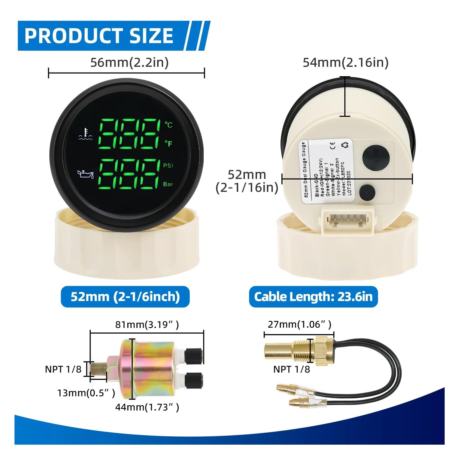 Podwójny wskaźnik 2 w 1 z alarmem, czerwona dioda LED cyfrowy 52mm miernik ciśnienia oleju/miernik temperatury wody + czujnik do samochodu samochód łódź 12V24V Wyczyść czytanie(BN Green LED)