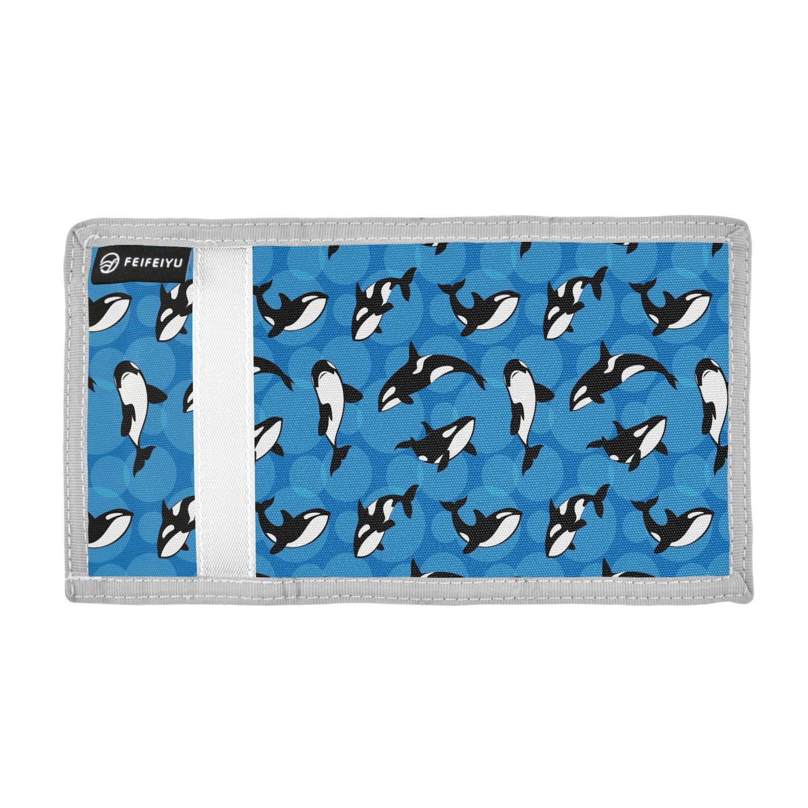 JHKKU Orca Killer Whale Kids Wallet for Boys Girls, Teen Canvas Trifold Purse with Zipper Coin Pocket