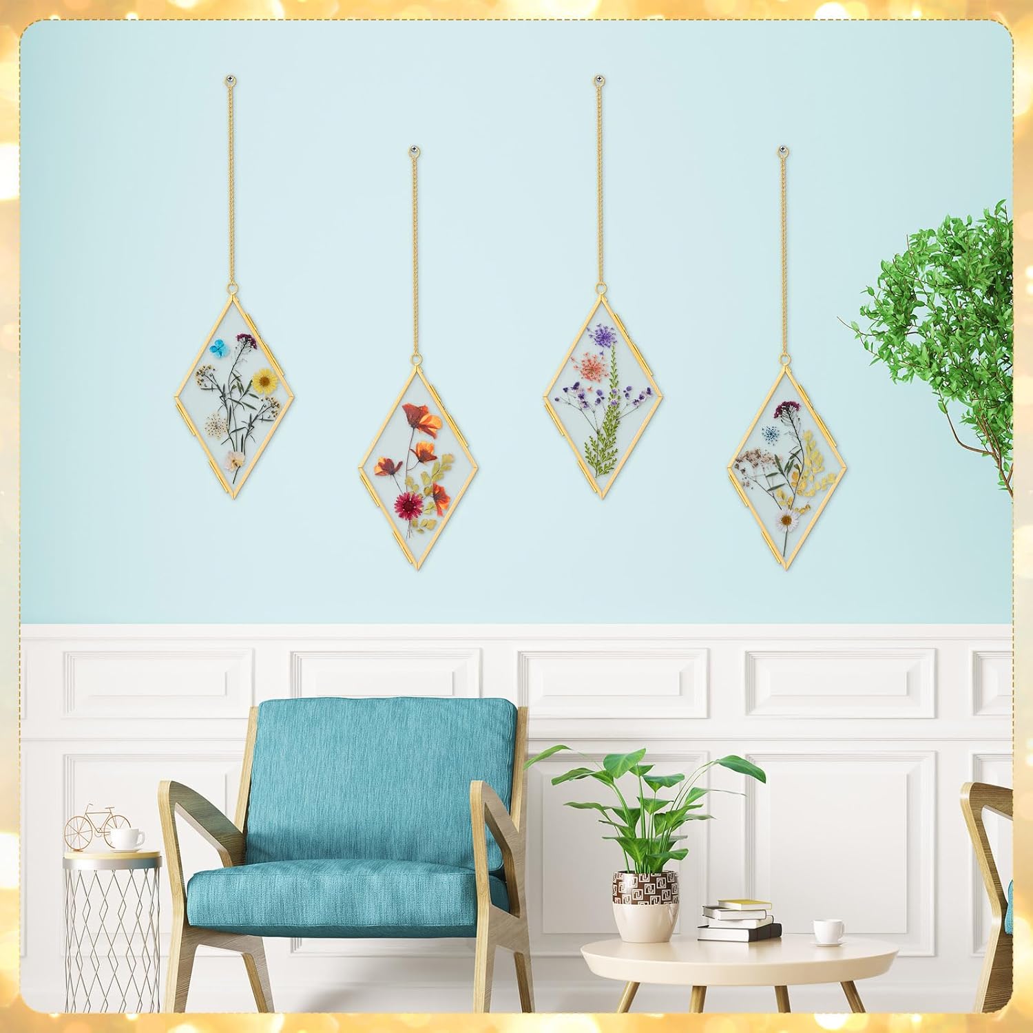 Qunclay 4 Pcs Pressed Flower Frames Rhombus Wall Hanging Floating Double Glass Picture Photo Frames with Metal Chain for Pressed Dried Flowers Plants Photo Small Flat Items Home Decor(Brass,4 Inch)