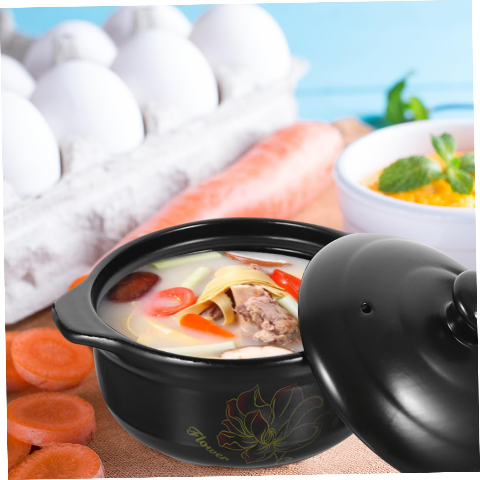 Casseruola in Ceramica da 1100ml Coperchio, Riscaldamento Uniforme e Mantenimento del Calore, per Zuppe e Cottura in Cucina
