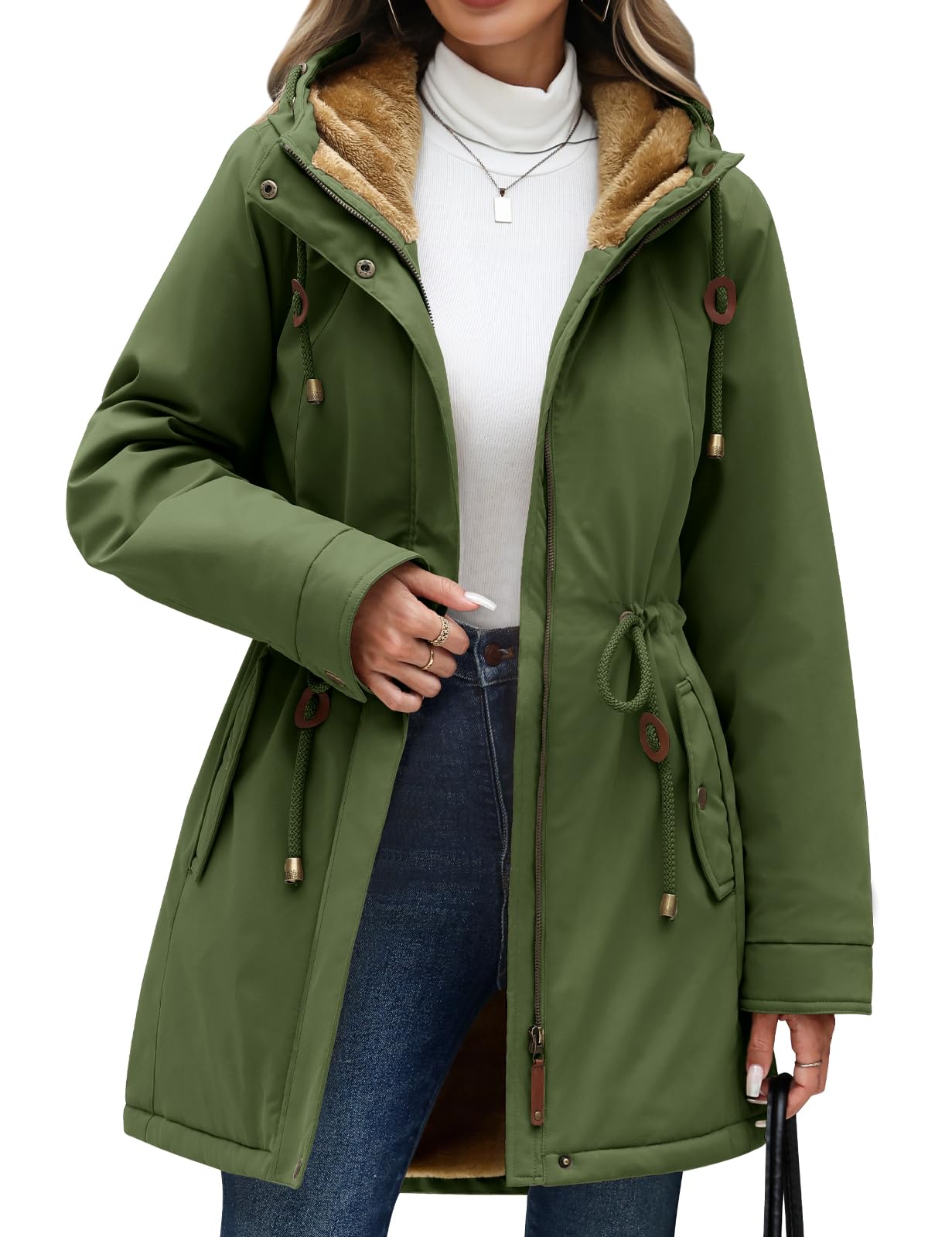 CMTOP Winterjas voor dames, fleecejas, warm, buitenjas, lang en slim fit, parka, warm, waterdicht, chique en elegante jas, capuchontrui met ritssluiting en zakken, Zwart, S