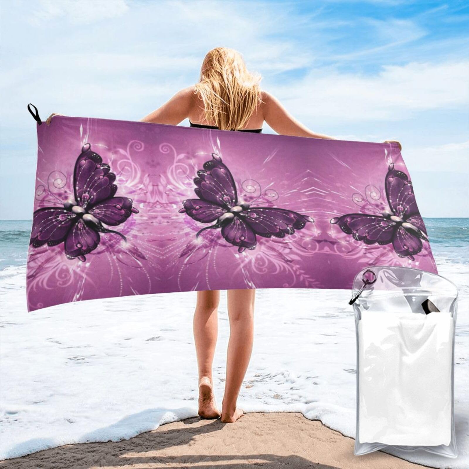 Jiuty White Butterfly Print Fast Dry Beach Towel Portable For Swimming Travel Gym Hiking Gift