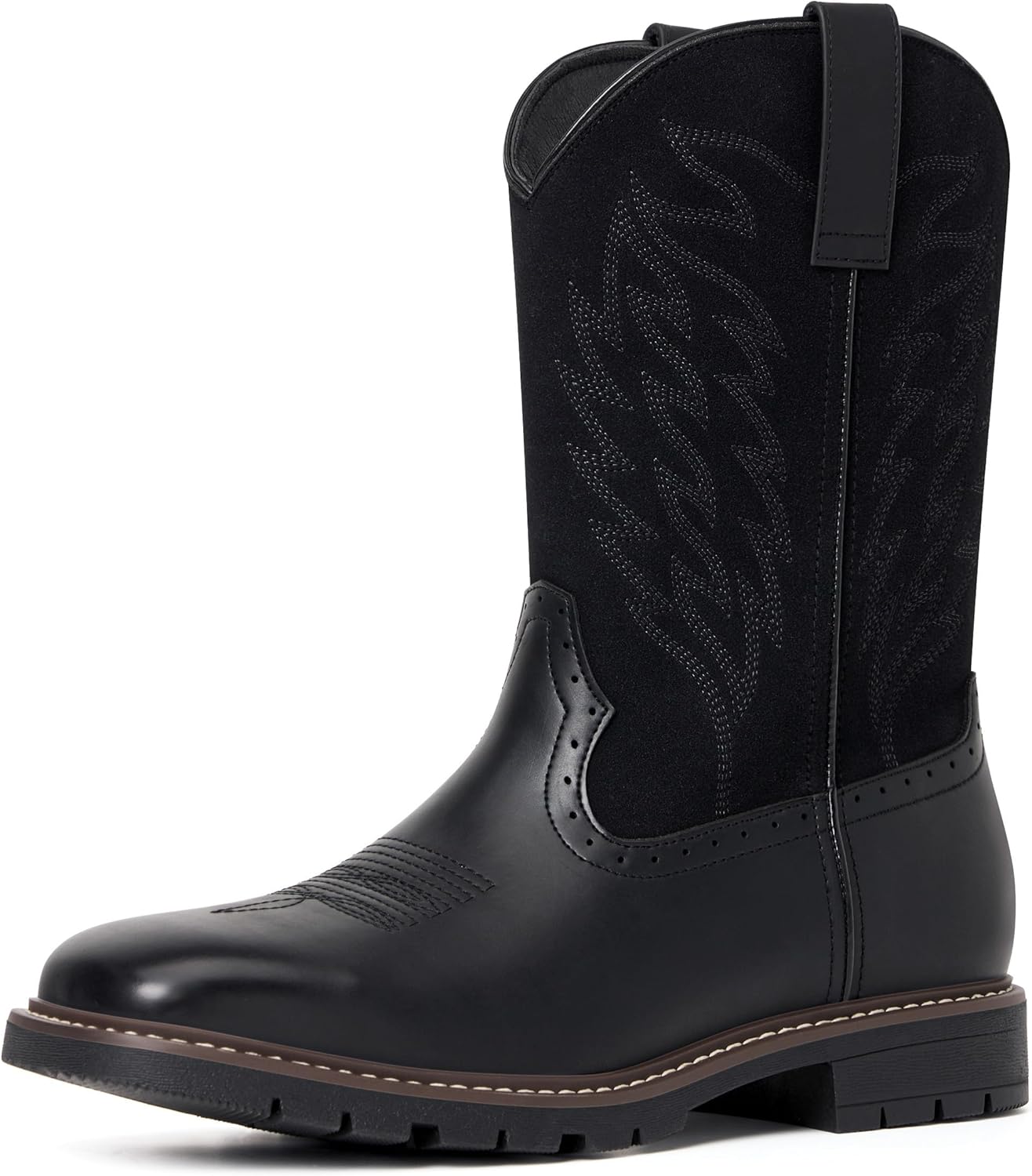 Julyrose Men's Cowboy Boots - Western Boots Square Toe,Slip Resistant,Retro Embroidered Design,Slip on Chunky Heel Country Boot