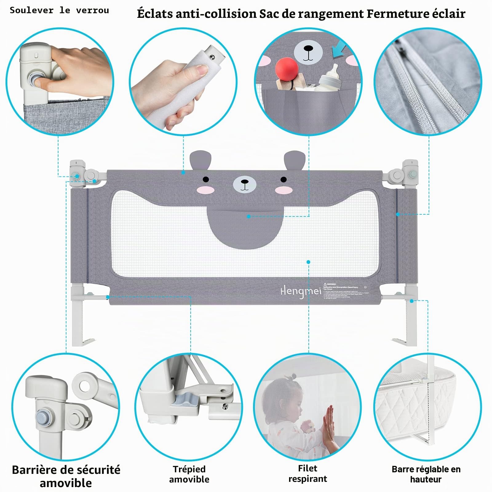 Hengmei - Barrière de lit - Réglable en hauteur - 150 cm - Protection anti-chute - Pour bébé et enfant (ourson)