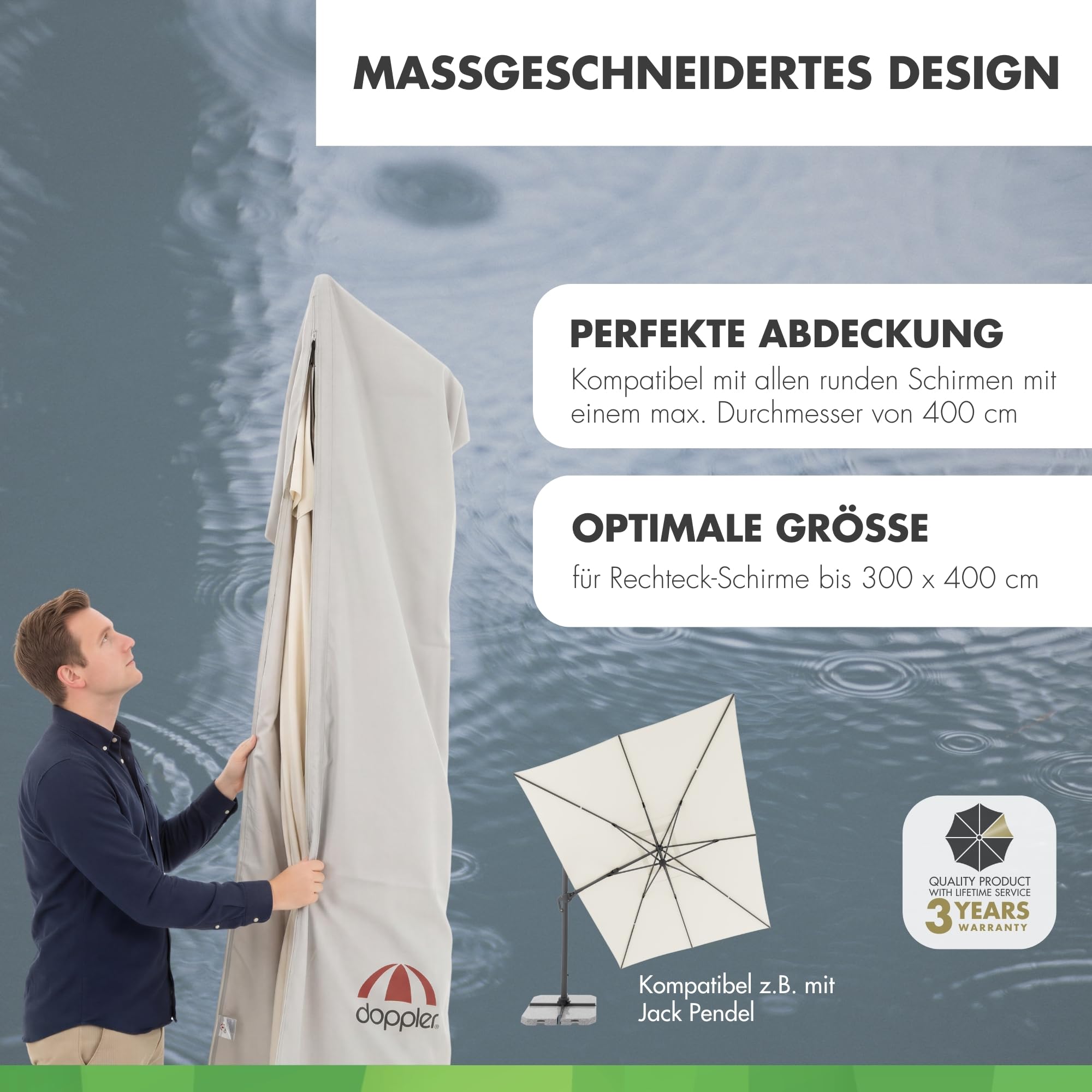 Doppler Gartenschirm Hülle XL für Pendelschirm I Schutzhülle für Sonnenschirm mit max. ø 400cm I witterungsbeständige Schirmabdeckung mit Reißverschluss & Bedienstab