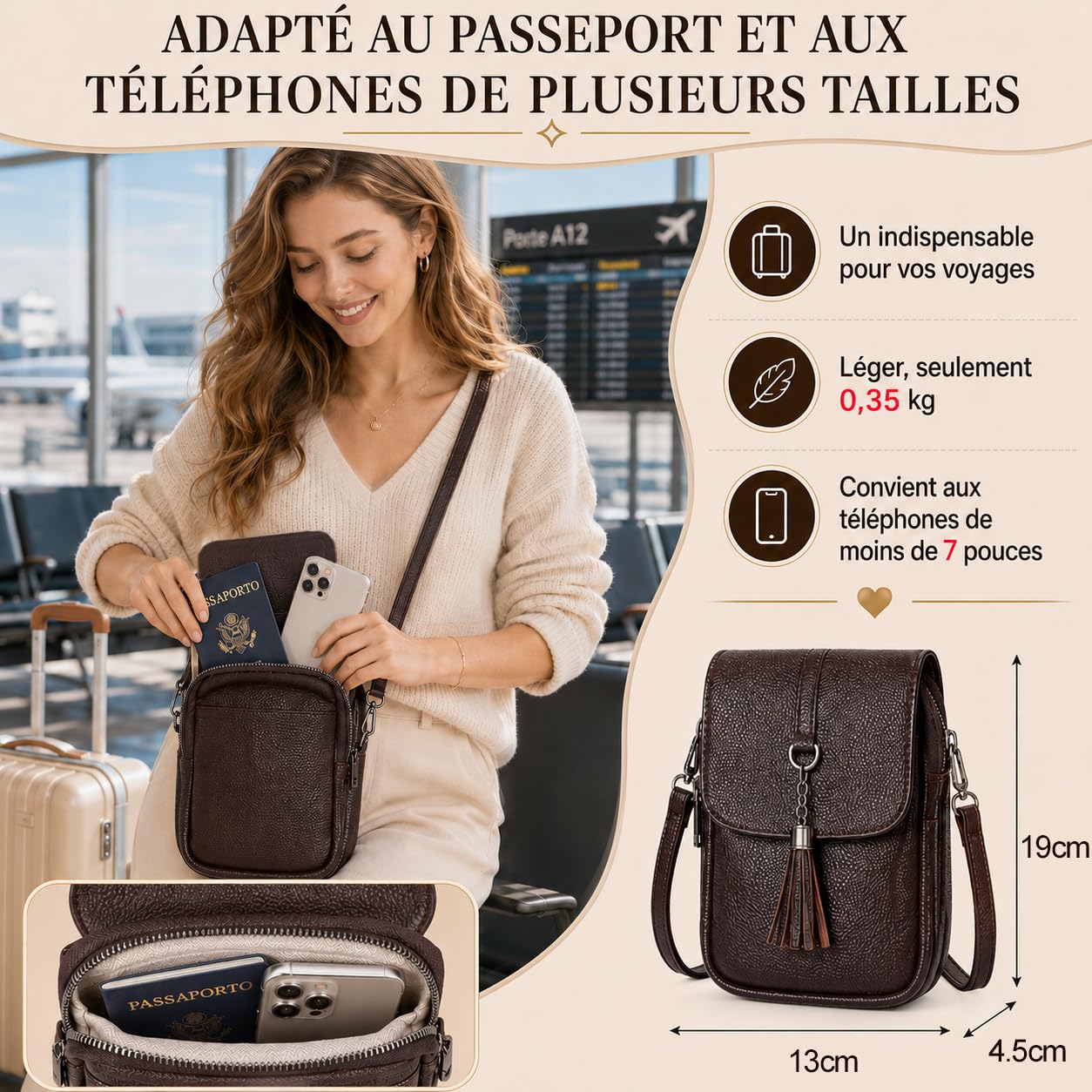 Sac Bandoulière Femme Cuir Véritable avec Protection RFID, Pochette Téléphone Portable Antivol & Élégant — Livré avec Deux Bandoulières