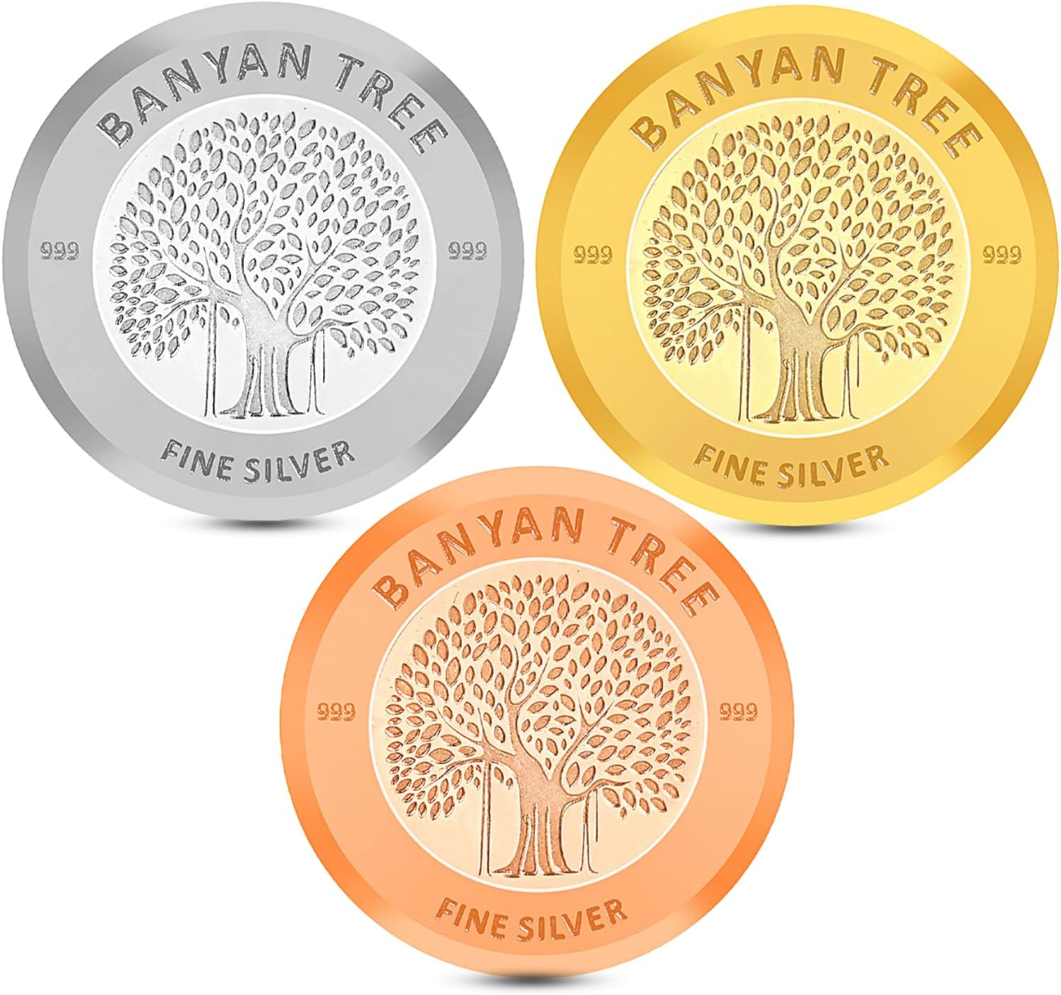 Banyan Tree 999 Purity Round Banyan Tree Silver Coin with Unique Box Packaging for Coporate Gifting, Wedding and Festivals- Pack of 3 (Yellow, Rose, Silver) (3gm Each)