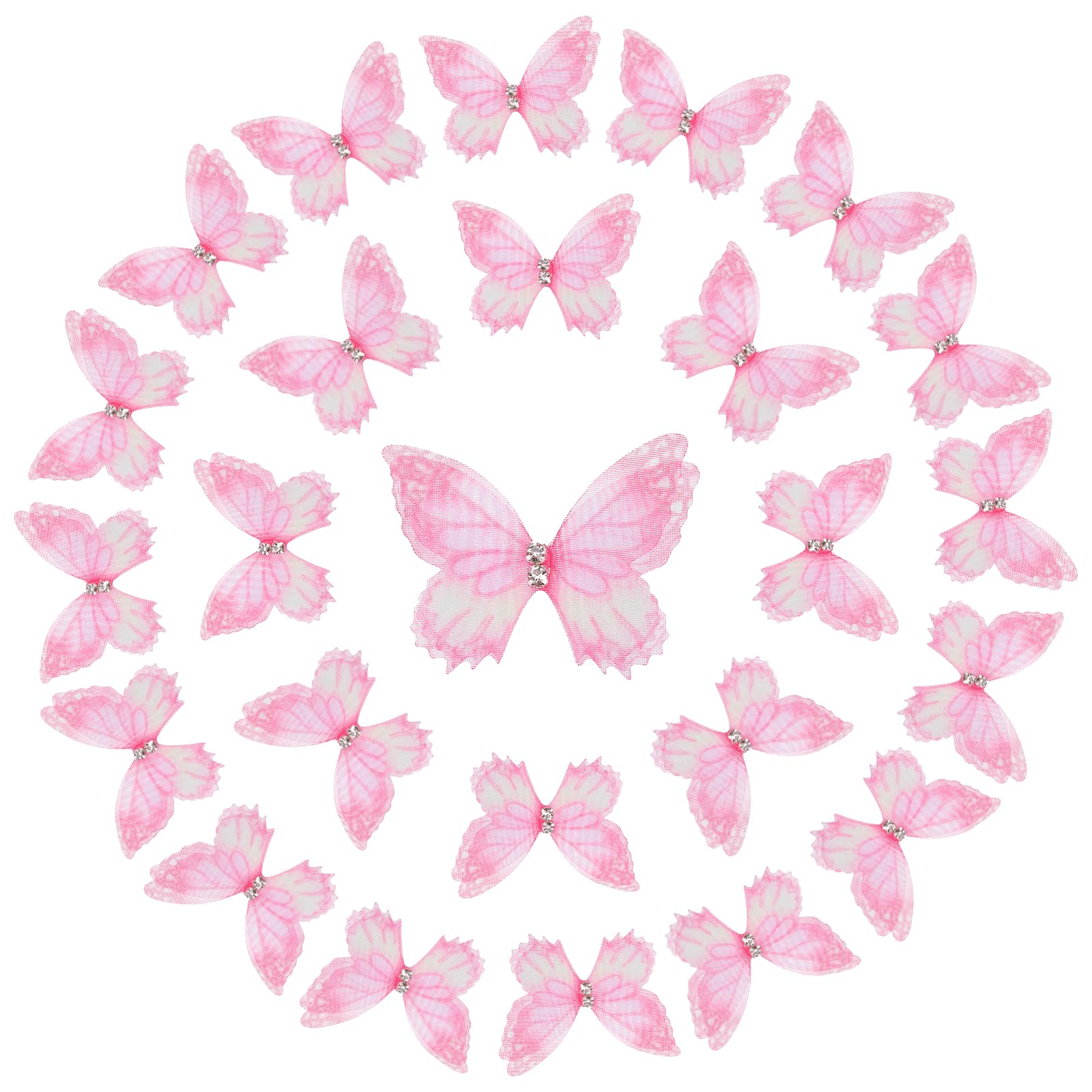 sourcing map 25 Pcs Sheer Mesh Butterfly Appliques, 4cm Two Layers Butterflies with Gem Applique Patch DIY 3D Craft Ornament for Wedding Party Home Decor Clothes, Pink