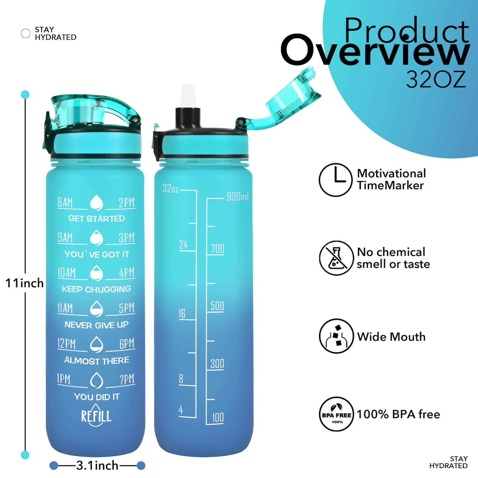 Trinkflaschen mit Strohhalm und Gurt, motivierende Wasserflaschen mit Trinkzeiten, BPA-frei, wiederverwendbar, Sport-Trinkflasche mit Ärmelträger für Wandern, Reisen, Laufen oder Fitness, Marsgrün