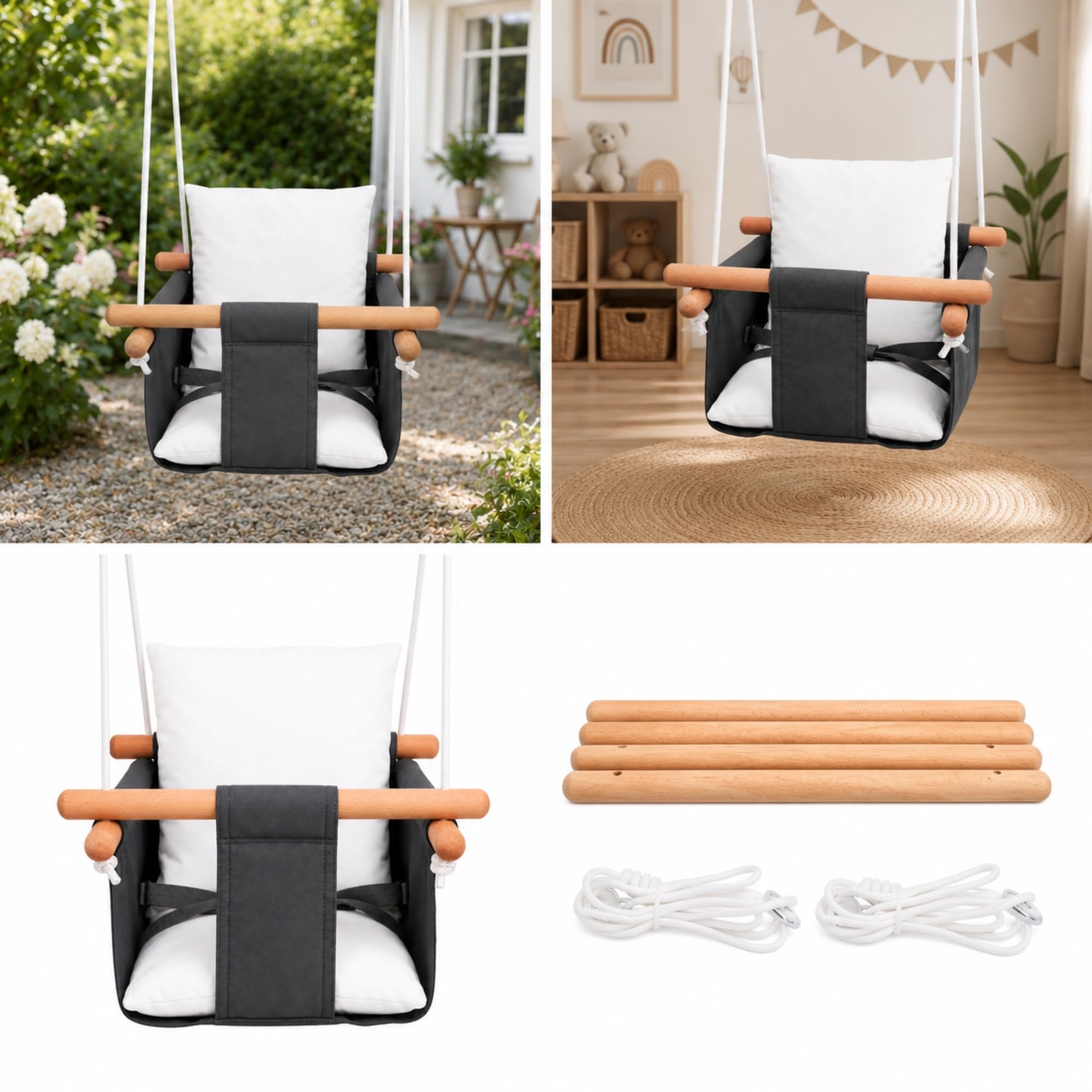 Balançoire bébé intérieur Coton Bois hêtre Blanc 30 kg | Avec ceinture de sécurité, hauteur réglable et ancrage plafond, Fabriquée en UE