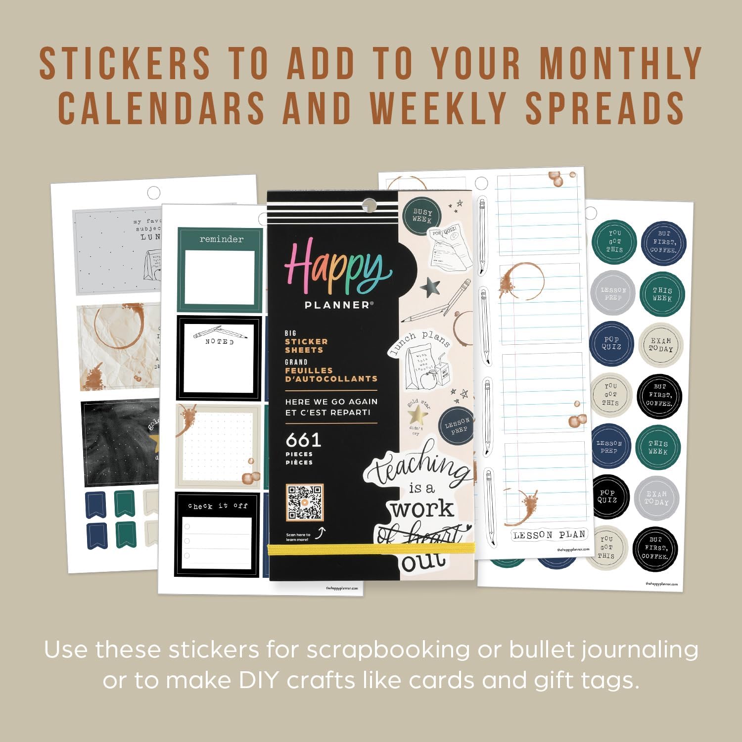 Happy Planner Sticker Pack, Multicolored Planner Stickers for Teachers, Back-to-School Accessories, Big Size, Here We Go Again Theme, 30 Sheets, 661 Stickers Total