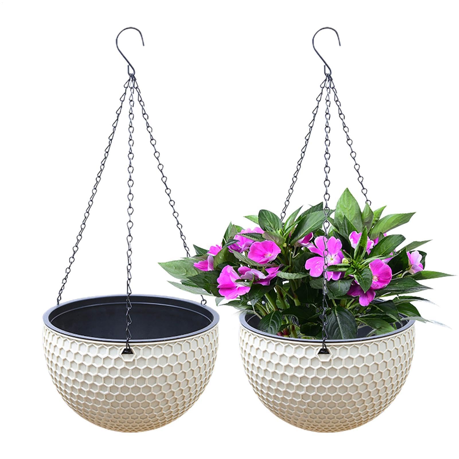 Kenazkas 2 Pack Small Hanging Basket Resin Flower Pot Round Garden Hanging Planter for Indoor Outdoor Plants